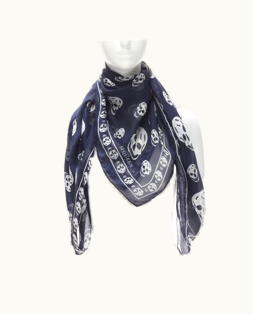 Alexander McQueen Alexander Mcqueen Signature Navy Blue White Skeleton Skull Print Scarf