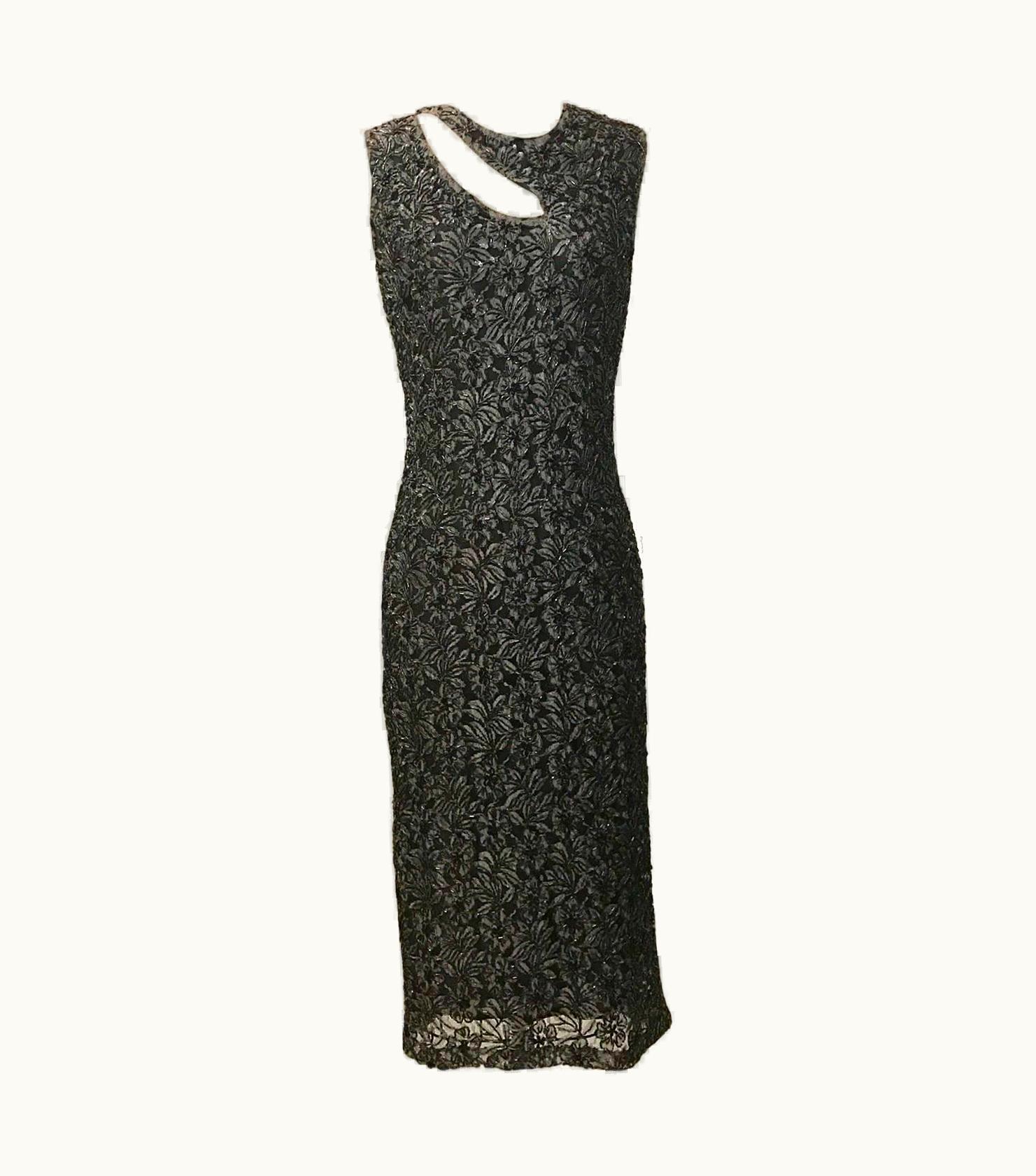 Alexander McQueen 1990s Alexander McQueen Grey And Black Beaded Lace Midi Dress