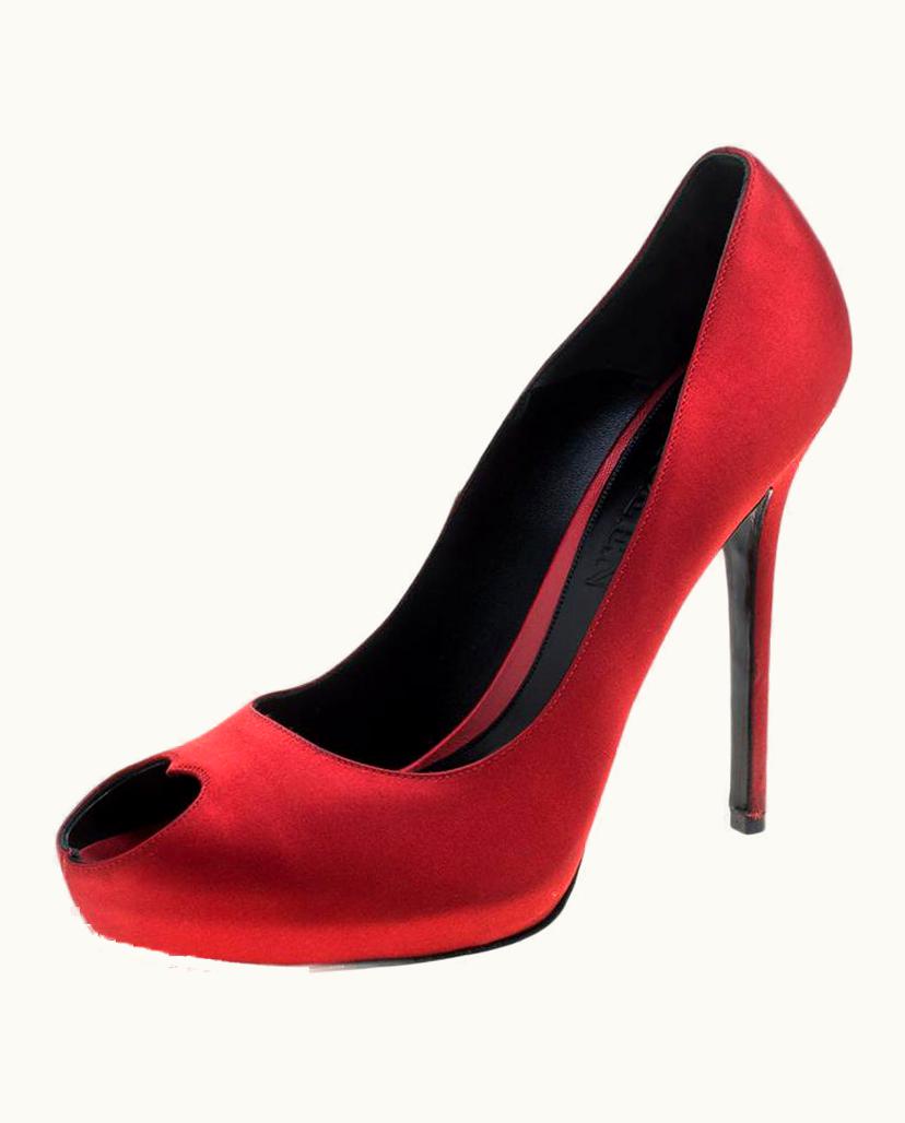 Alexander McQueen Alexander McQueen Red Satin Heart Peep Toe Pumps