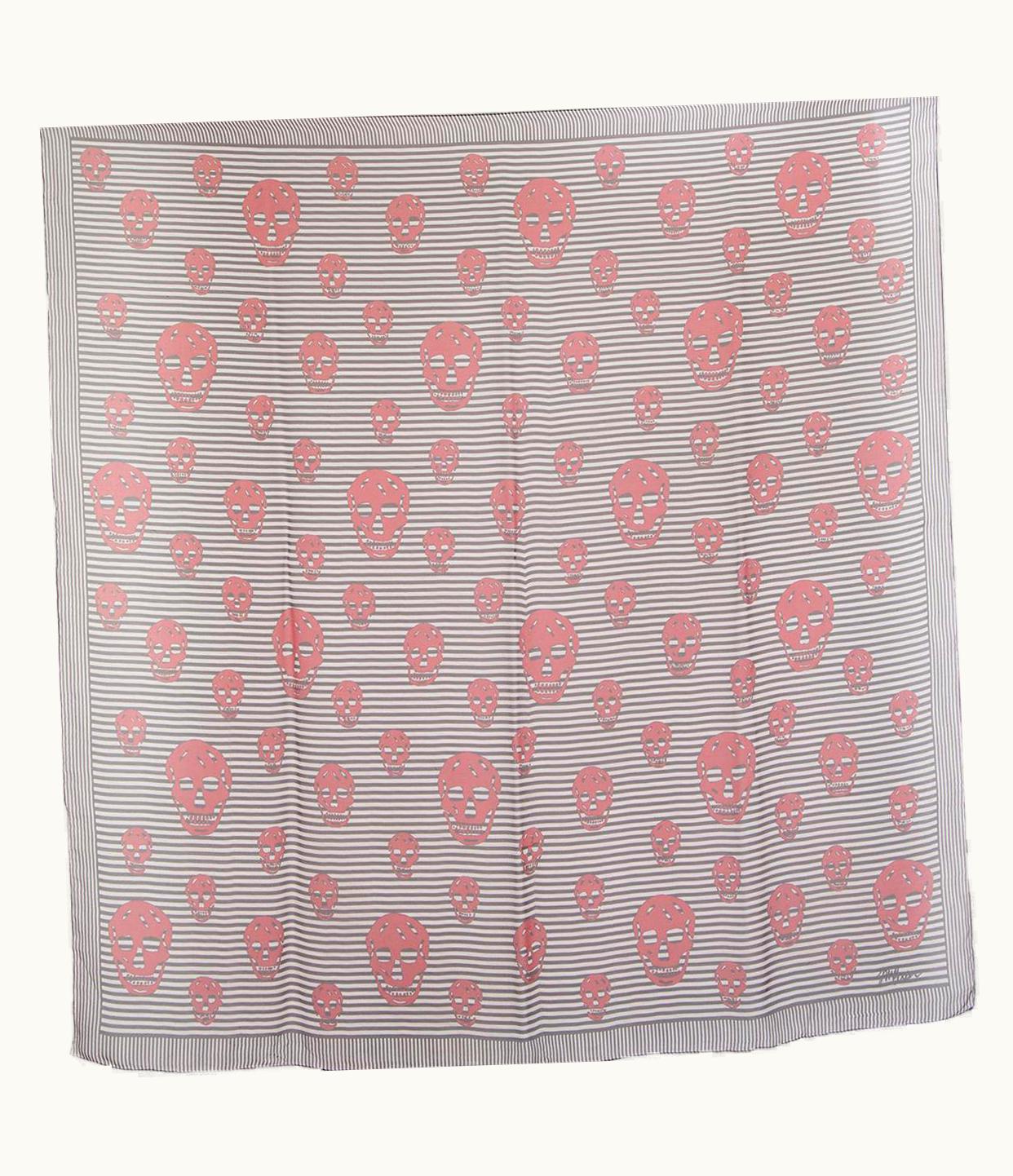 Alexander McQueen Alexander Mcqueen Black & White Silk Chiffon Striped Red Skull Scarf