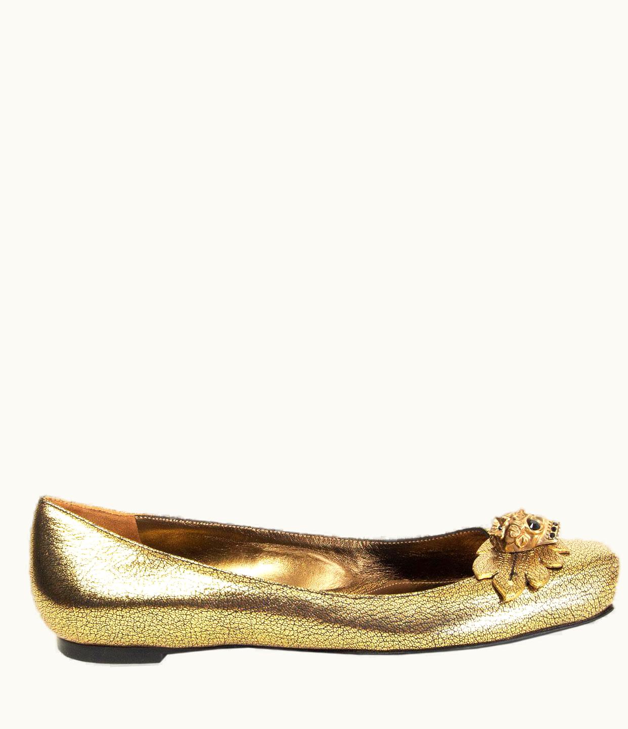Alexander McQueen Alexander Mcqueen Metallic Gold Skull & Leaf Ballet Flats Shoes