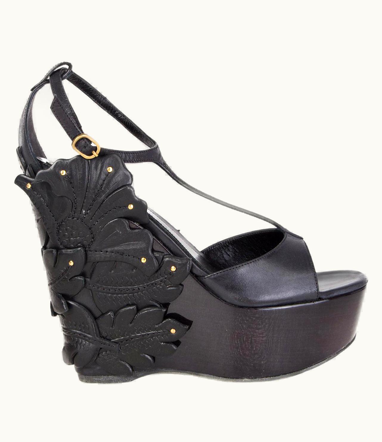 Alexander McQueen Alexander Mcqueen Black Leather Floral Platform Wedge Sandals Shoes