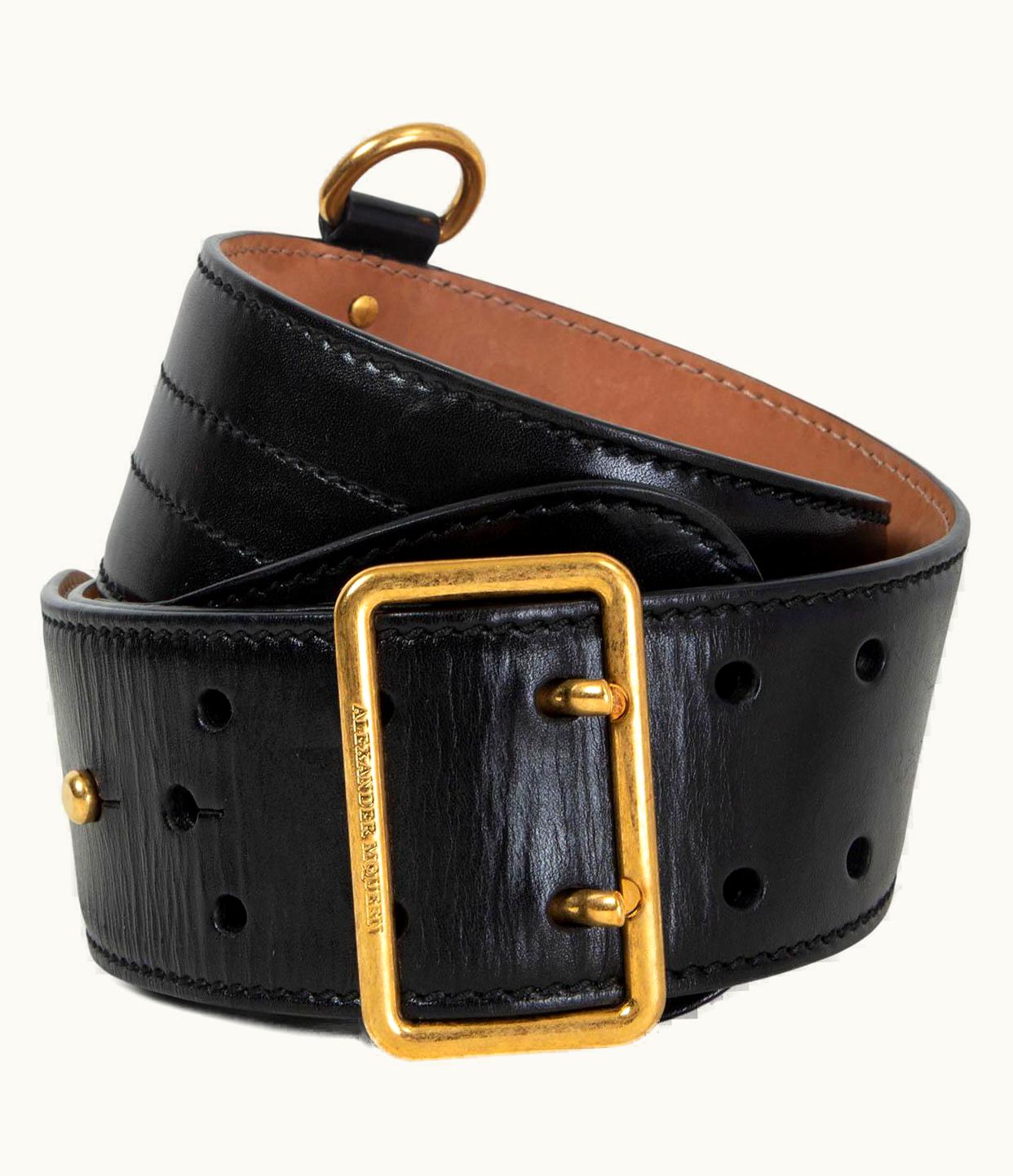 Alexander McQueen Alexander Mcqueen Black Leather Top Stitched Wide Waist Belt