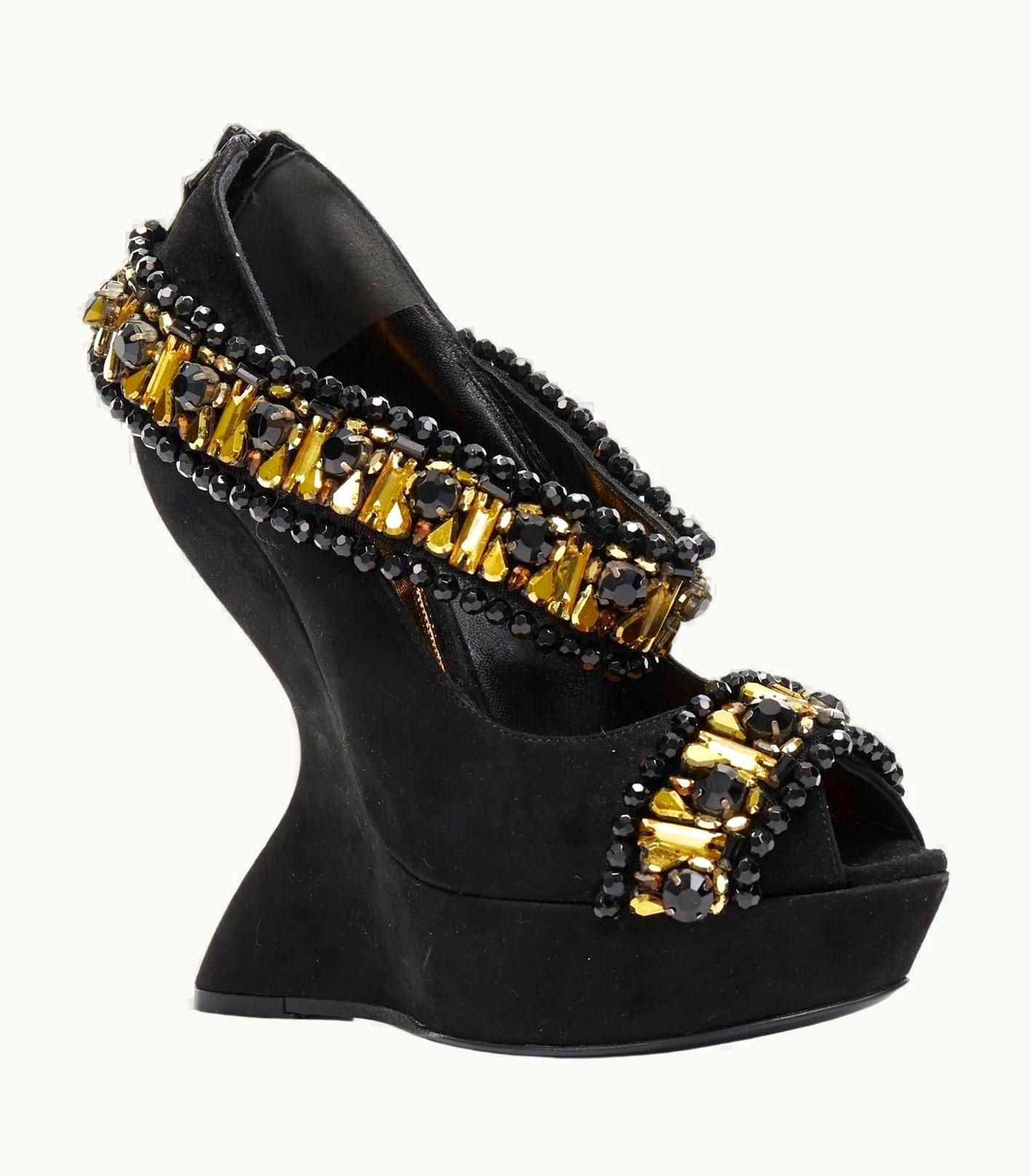 Alexander McQueen Alexander McQueen Black Champagne Embellished Wedge Shoes Italian