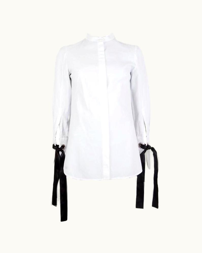 Alexander McQueen Alexander McQueen White Cotton Bow Embellished Cuff Blouse Shirt