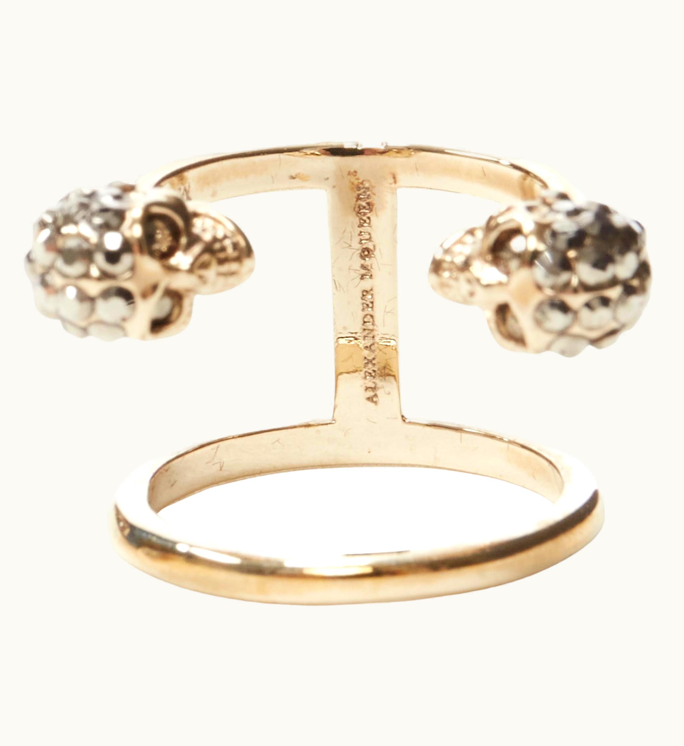 Alexander McQueen Alexander Mcqueen Crystal Encrusted Double Skull Gold Tone Double Ring 6