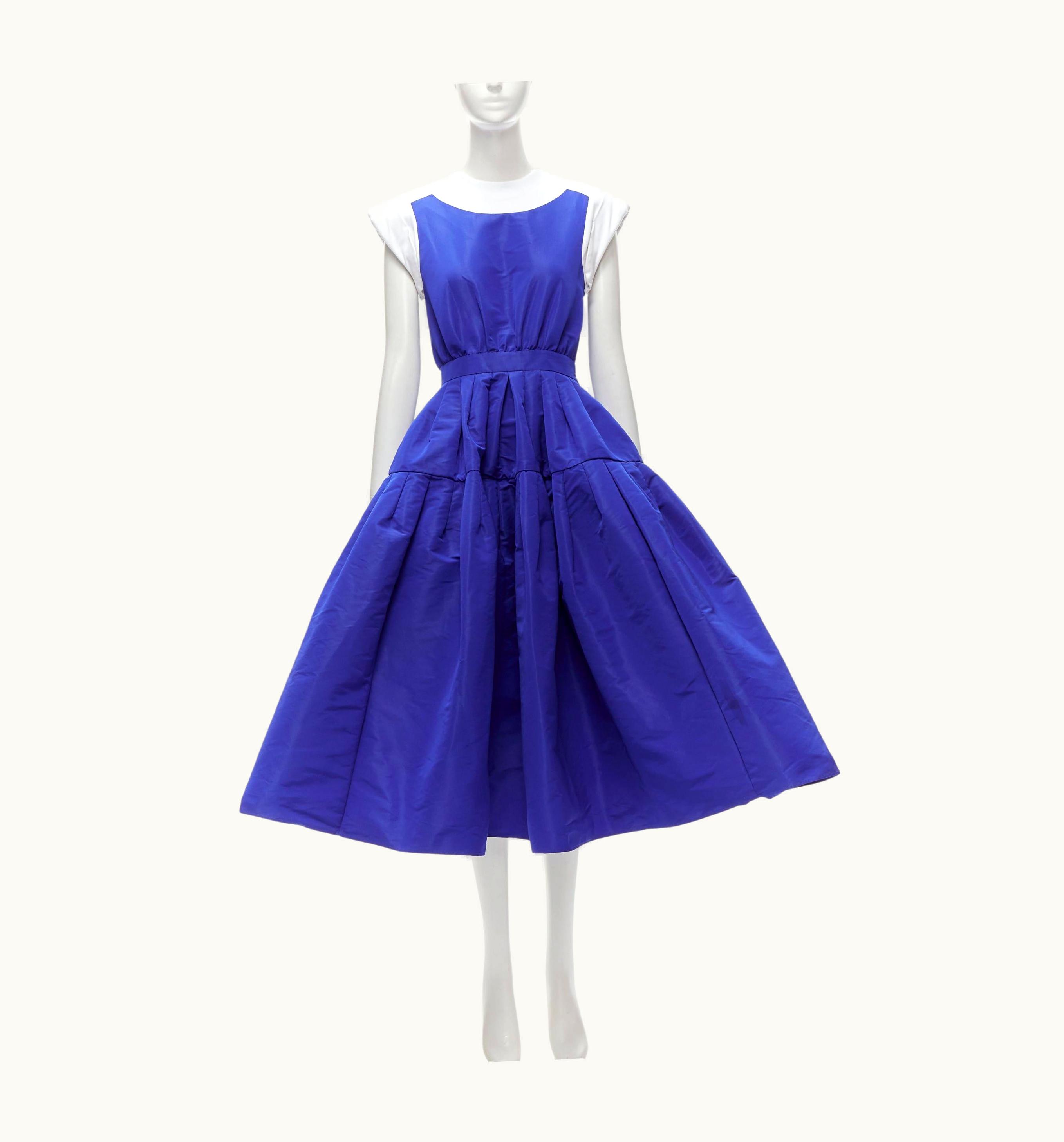 Alexander McQueen Alexander Mcqueen White Cotton Padded Sleeveless Blue Taffeta Dress