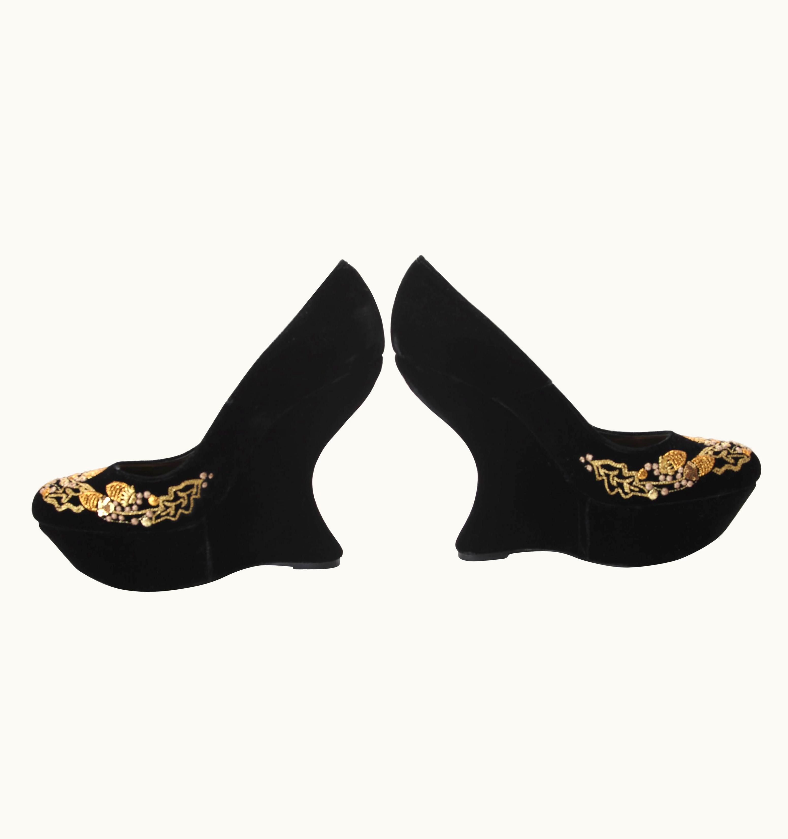 Alexander McQueen Alexander McQueen Black Velvet Embroidered Armadillo Curved Wedge Pumps