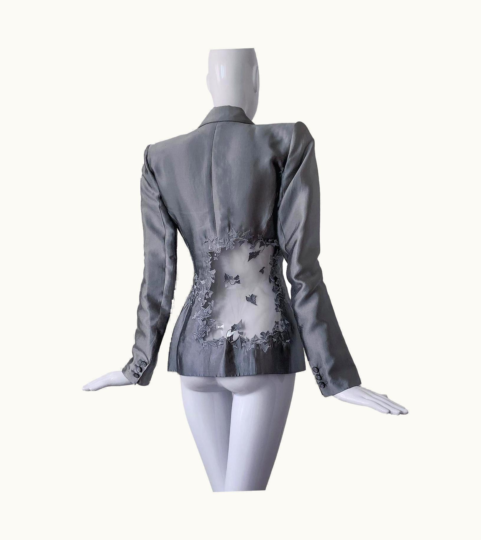Alexander McQueen Alexander McQueen S/S Silver Silk Suit Blazer Embroidered Illusion Ivy Leaf