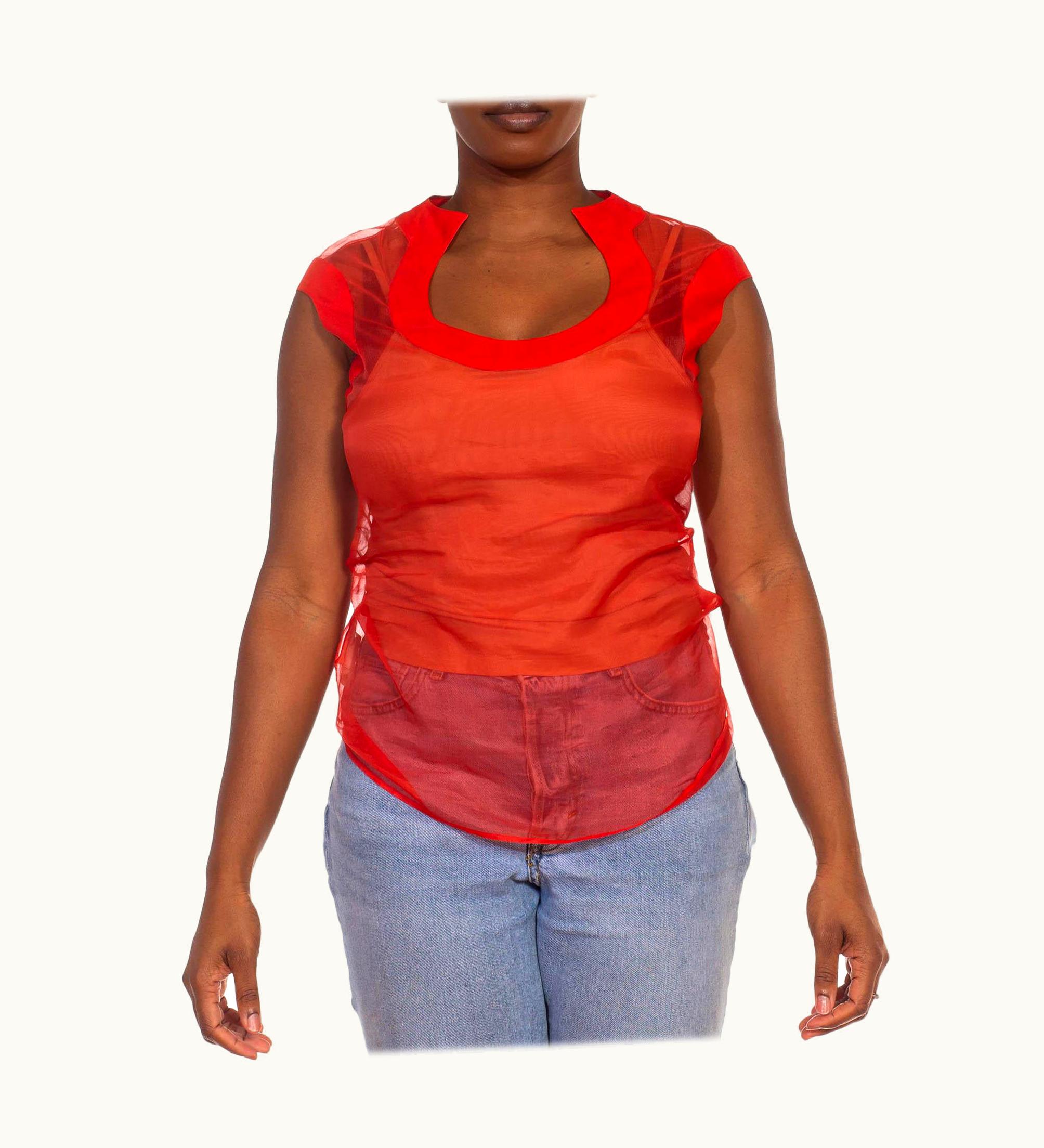 Alexander McQueen 2000s Alexander Mcqueen Red Silk AW Sheer & Circular Neckline Blouse