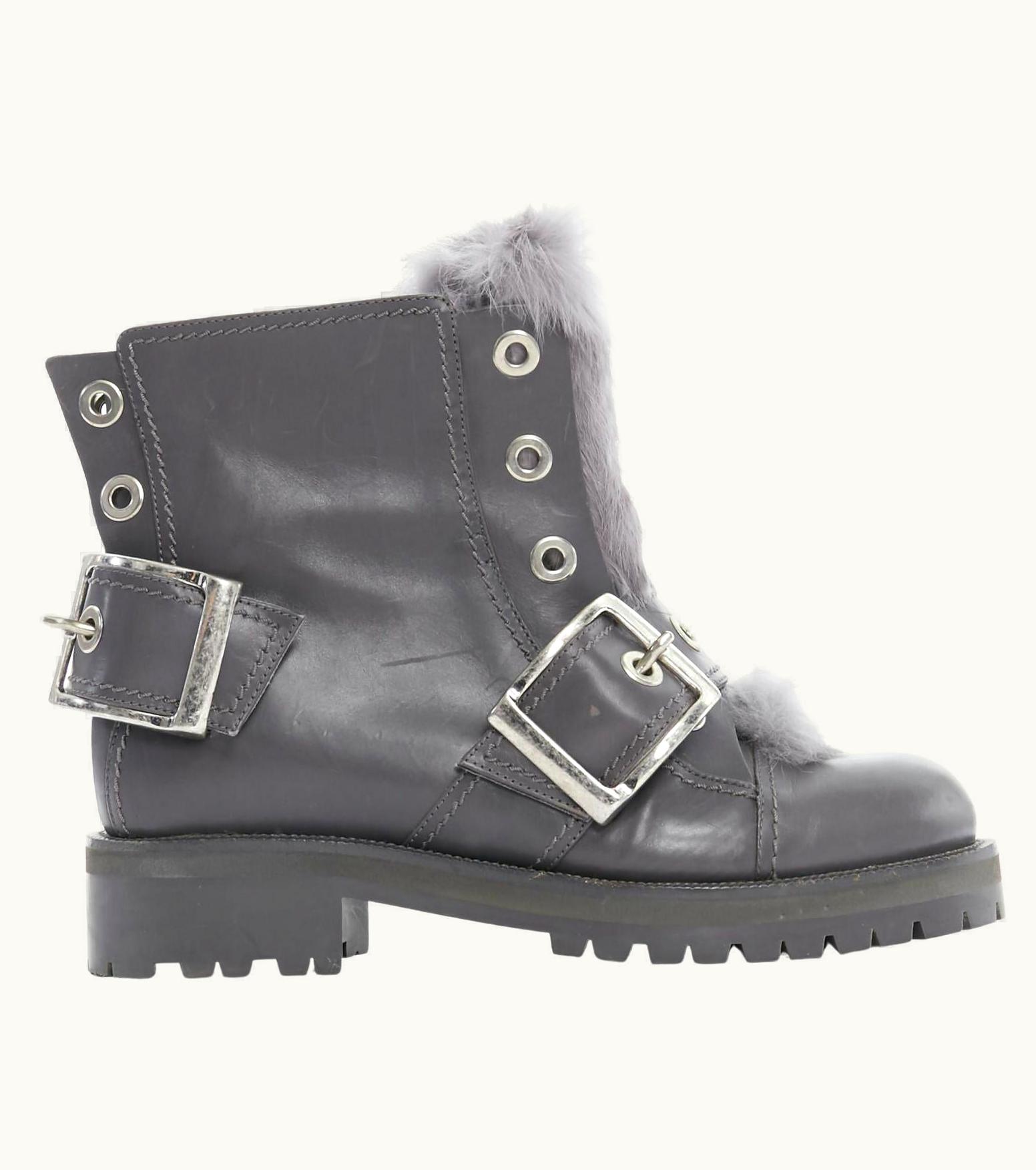 Alexander McQueen Alexander Mcqueen Grey Leather Rabbit Fur Trimmed Buckle Combat Boot