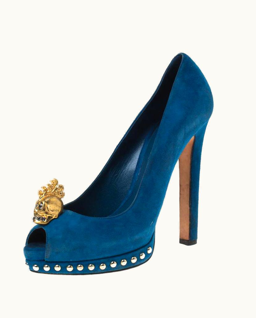 Alexander McQueen Alexander McQueen Blue Suede Crystal Peep Toe Platform Pumps