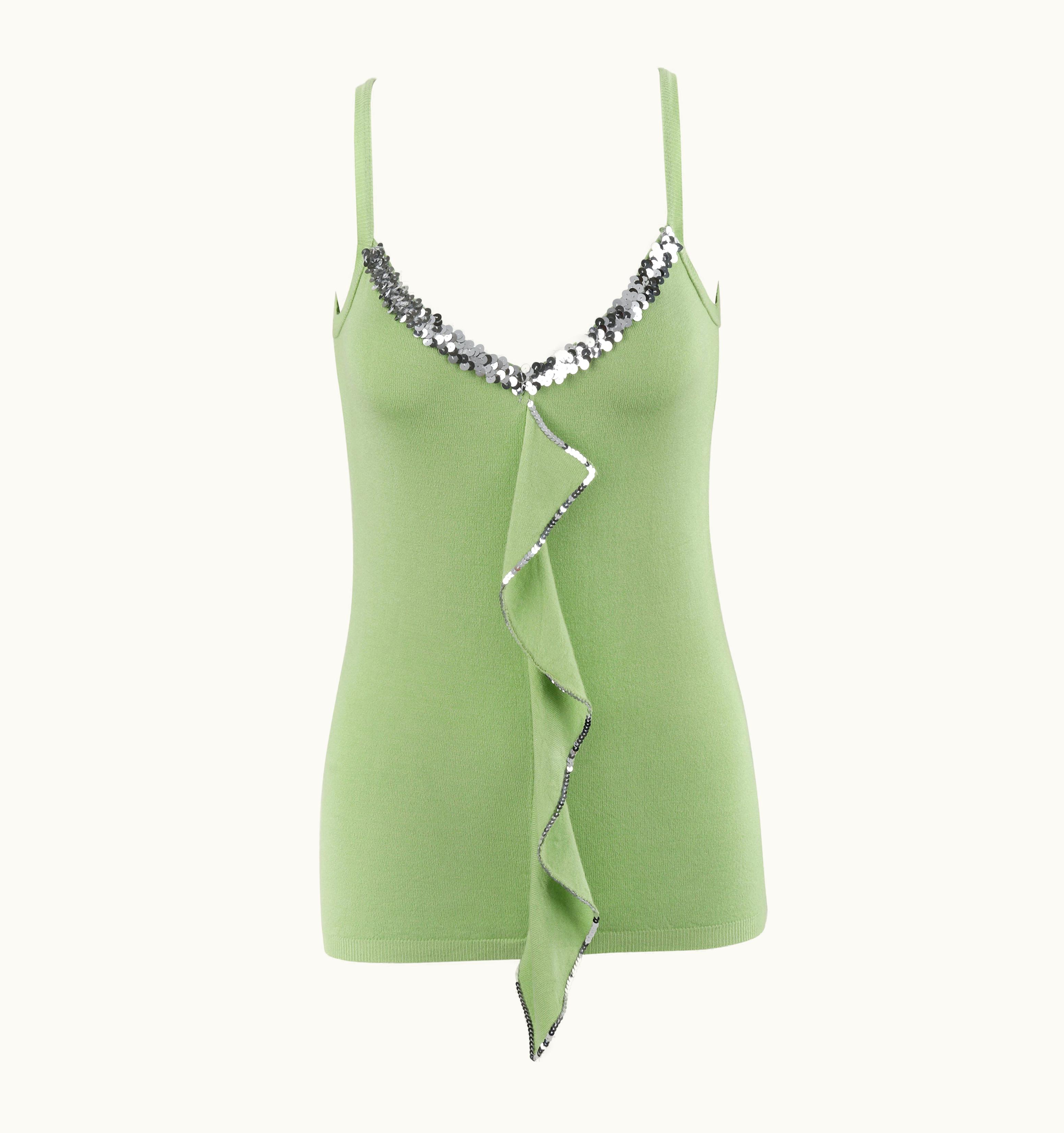 Alexander McQueen Alexander McQUEEN C.1990s Green Stretch Knit Sequin Ruffle Tank Top
