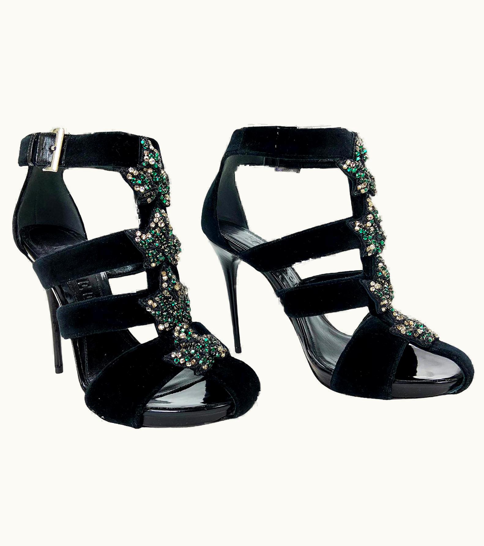 Alexander McQueen Alexander McQueen Black Velvet Crystal Embellished Ivy Cage Sandals