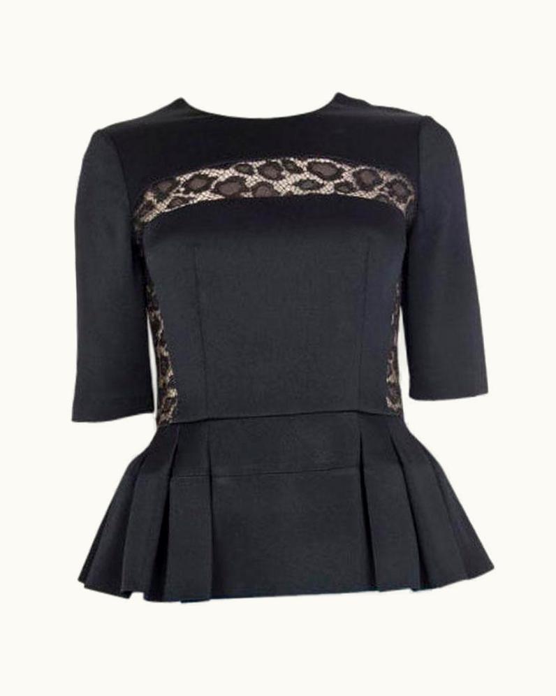 Alexander McQueen Alexander McQueen Black Lace Detail Pleate Peplum Blouse Shirt