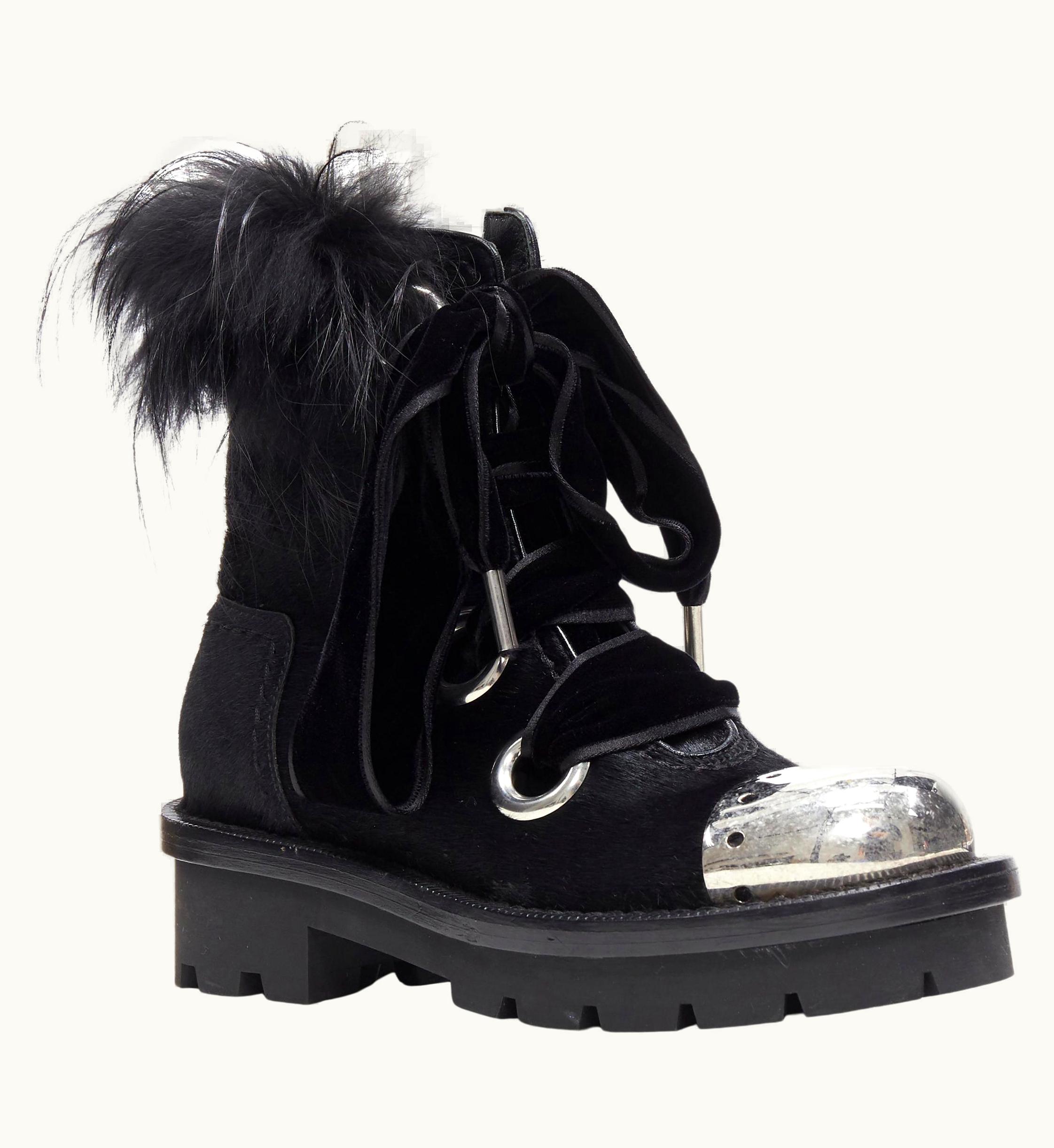 Alexander McQueen Runway Alexander Mcqueen Black Pony Metal Toe Fur Victorian Combat Boot