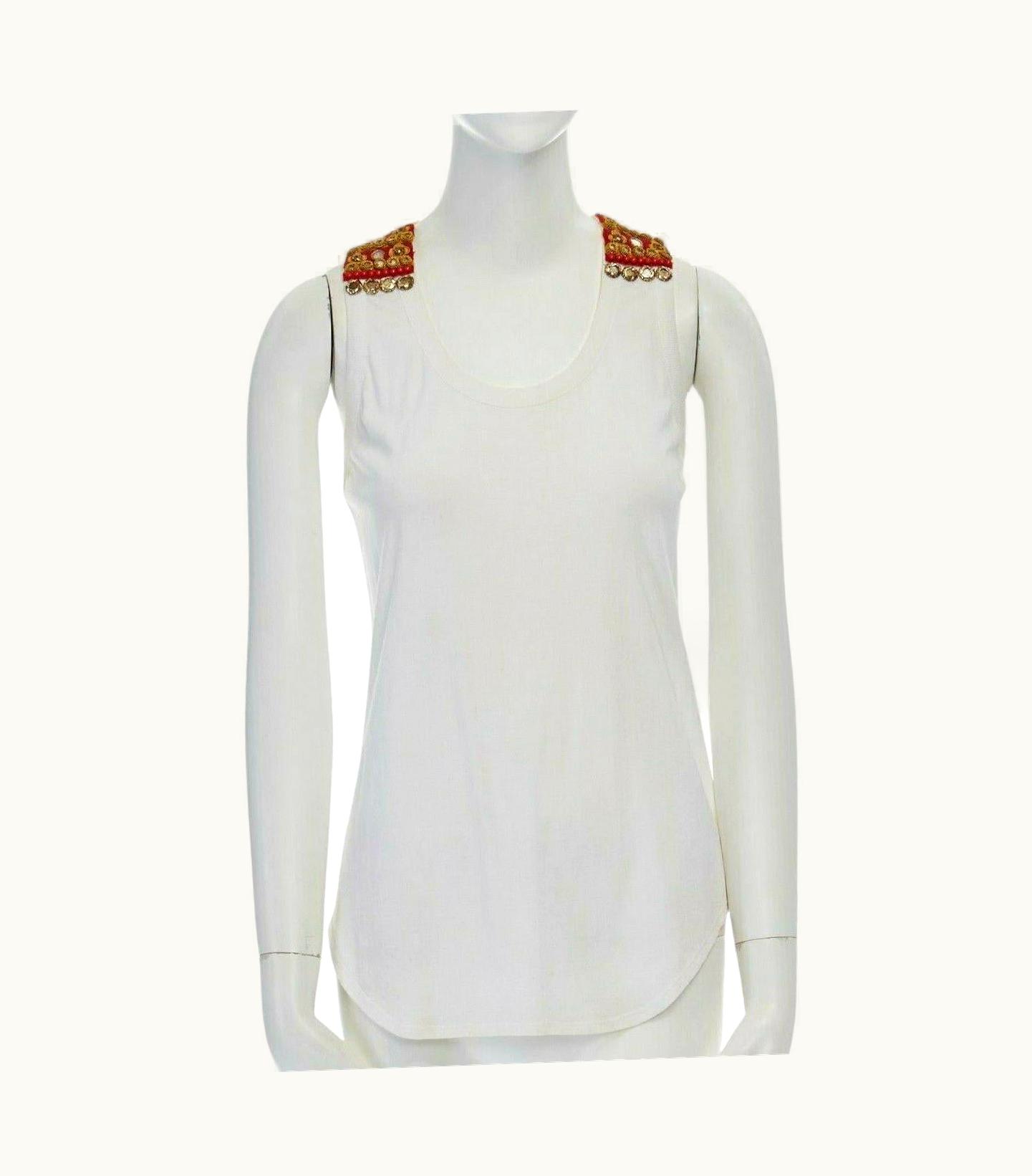 Alexander McQueen Alexander Mcqueen White Tribal Coin Embellished Patch Strap Tank Top