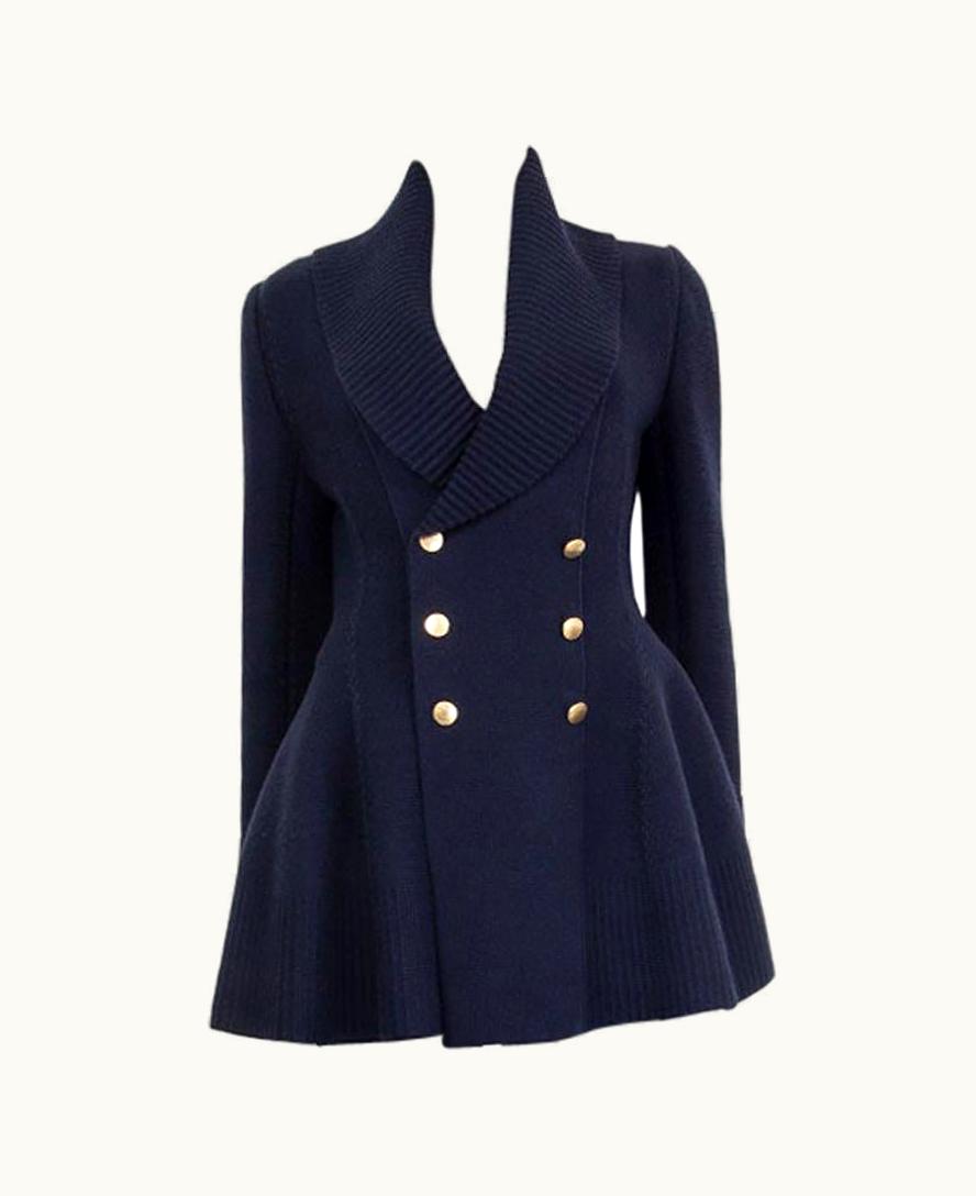 Alexander McQueen Alexander McQueen Navy Blue Wool Blend Wide Collar Double-breasted Jacket