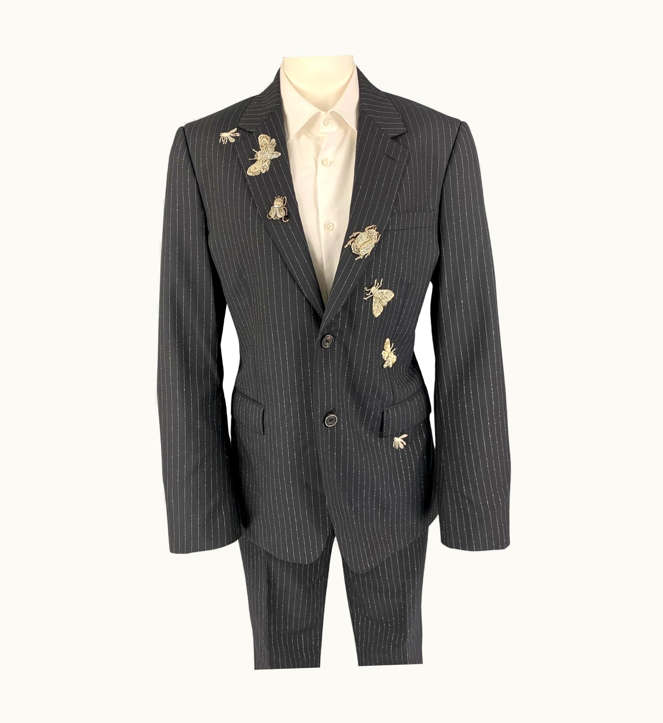 Alexander McQueen Alexander Mcqueen Black Silver Stripe Wool Blend Notch Lapel Suit
