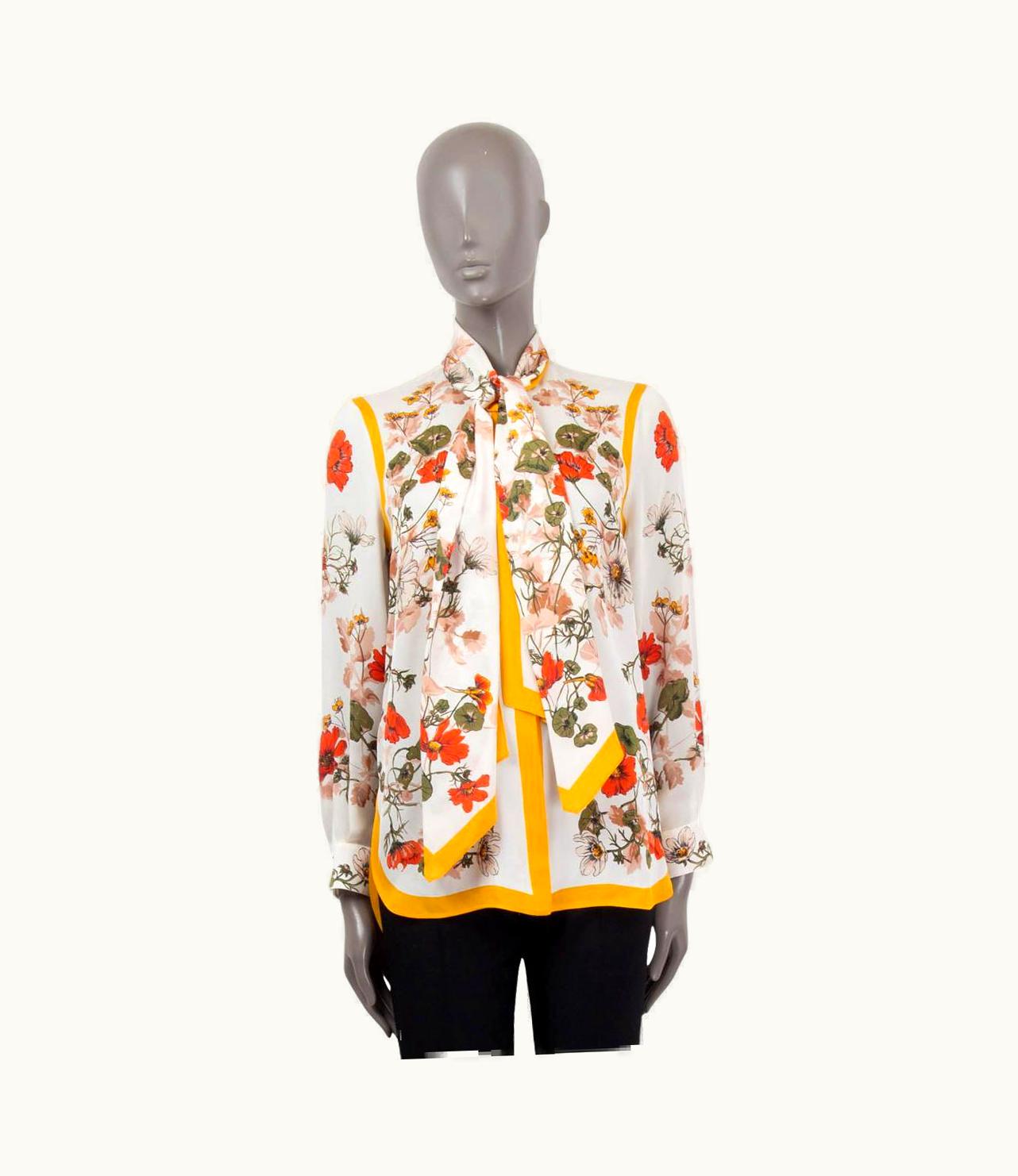 Alexander McQueen Alexander Mcqueen White & Multi Silk Floral Pussy Bow Blouse Shirt