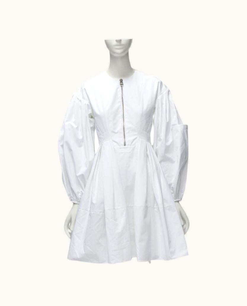 Alexander McQueen Alexander Mcqueen White Cotton Silver Zip Front Puff Sleeve Flared Dress