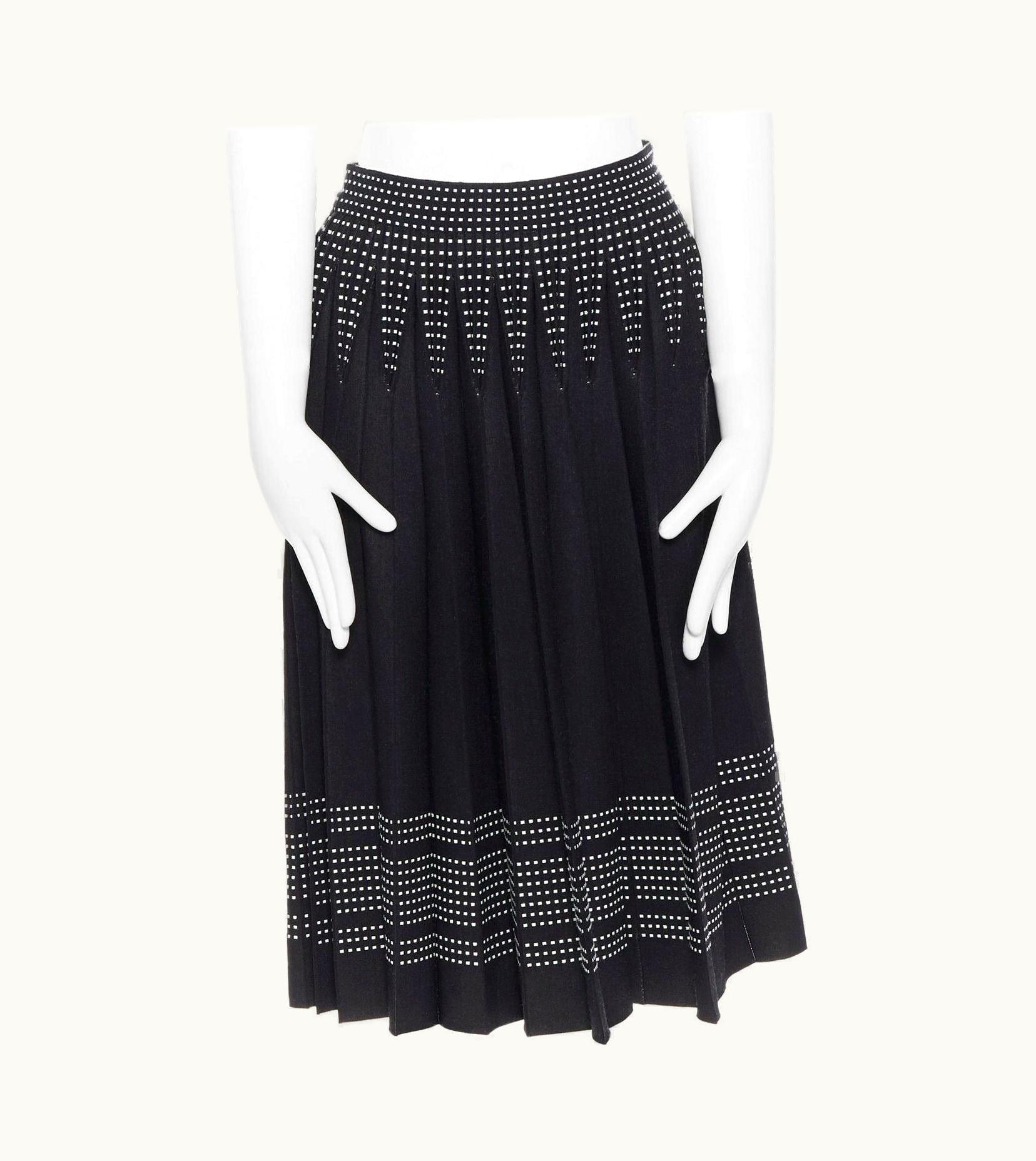Alexander McQueen Alexander Mcqueen Black White Dot Jacquard Knit Pleated Flare Midi Skirt
