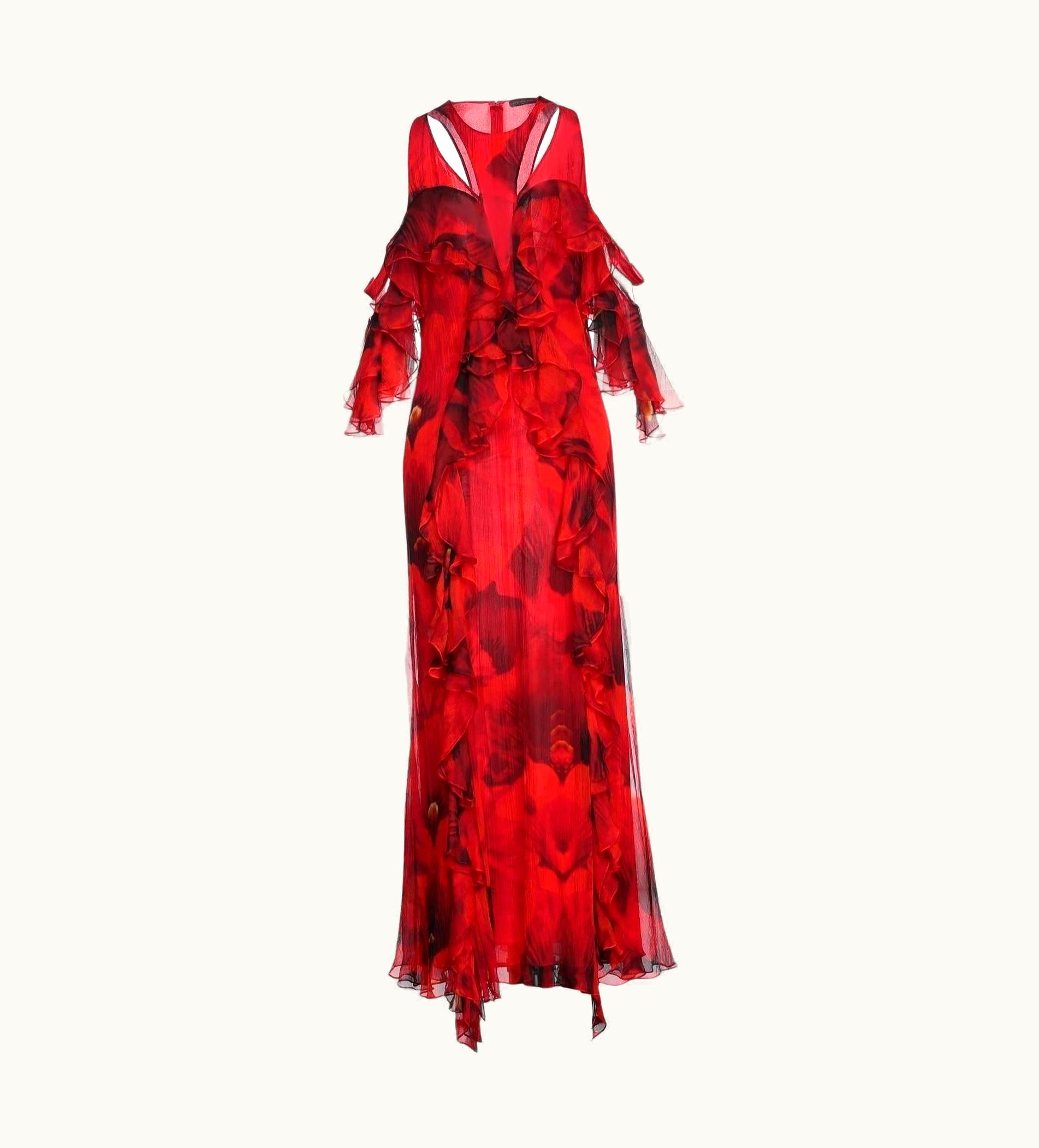 Alexander McQueen Cold-Shoulder Floral Print Silk-Chiffon Maxi Dress Gown