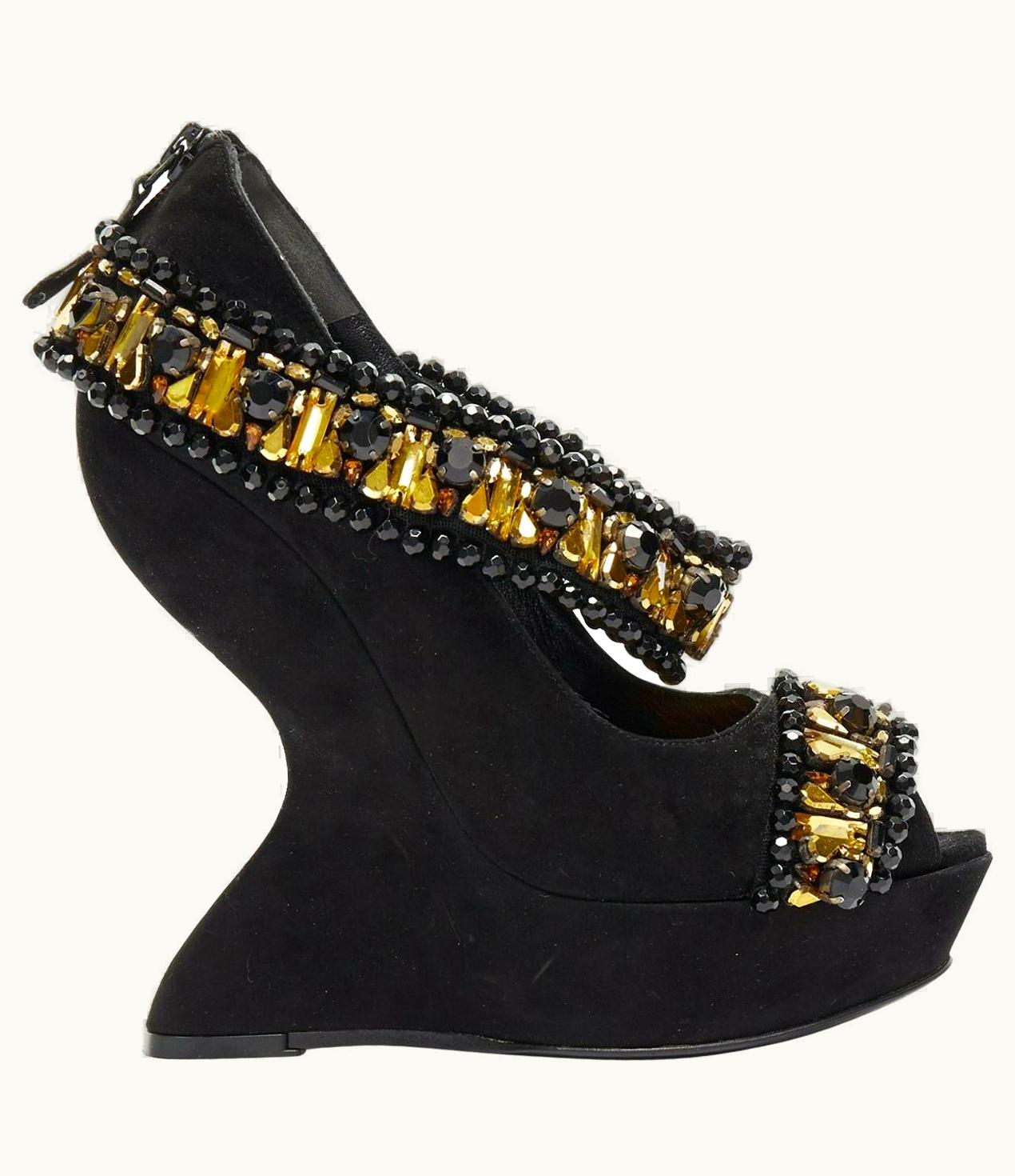 Alexander McQueen Alexander Mcqueen Black Suede Gold Jewel Strap Peep Toe Curved Heel Wedge