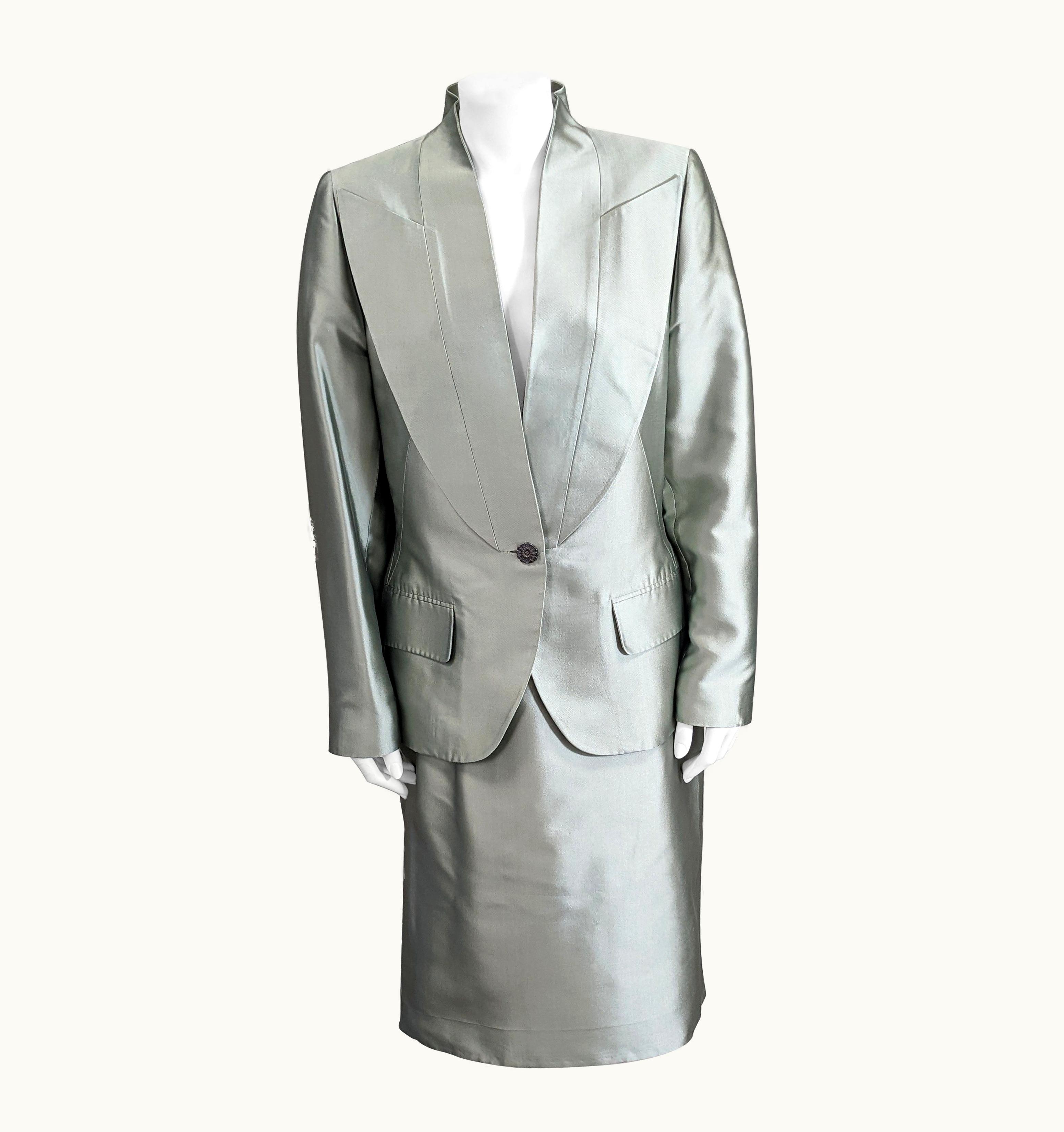 Alexander McQueen Givenchy Haute Couture Celadon Silk Twill Suit, Alexander McQueen