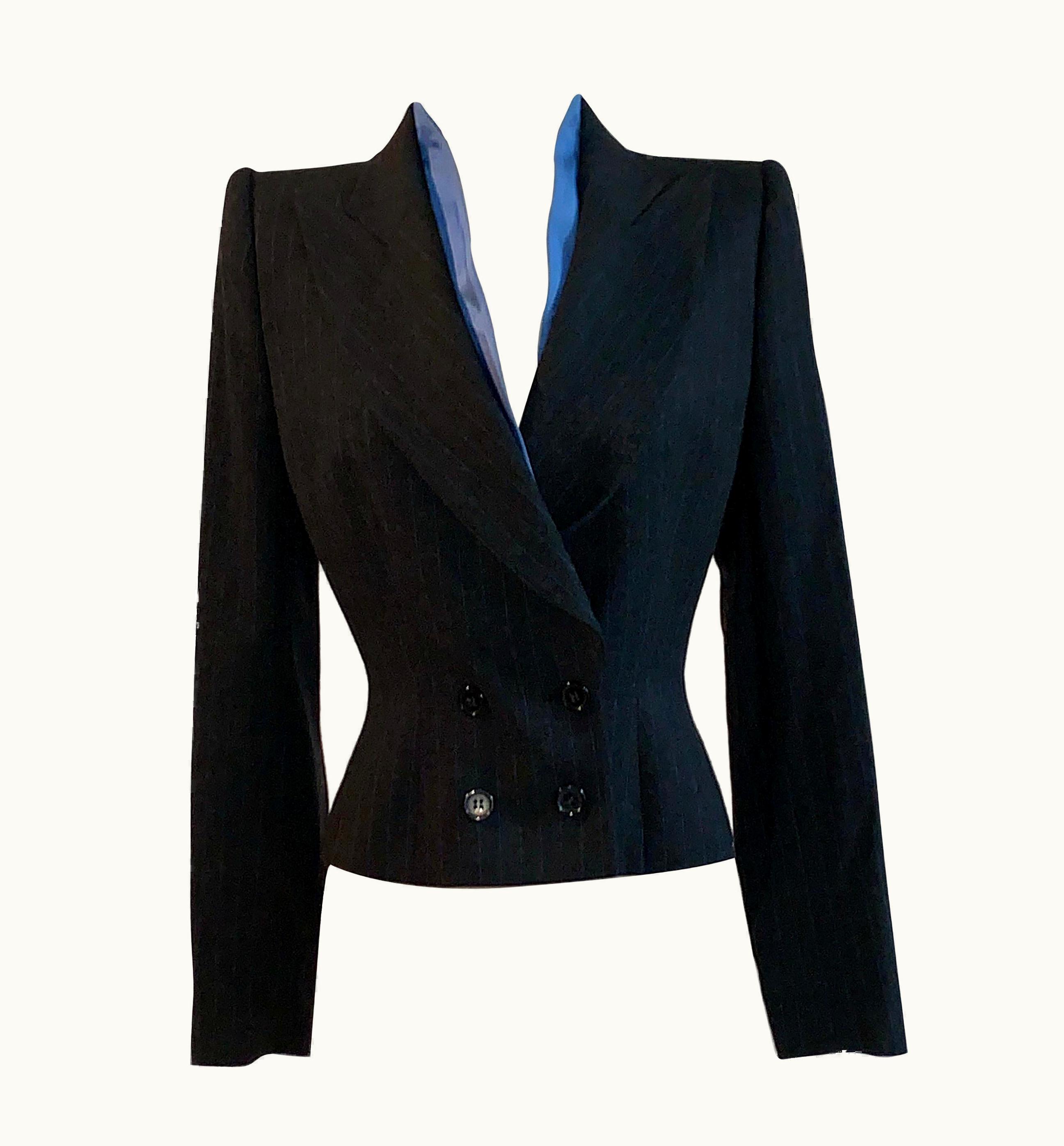 Alexander McQueen Alexander McQueen 1997 Charcoal Grey Blue Pinstripe Silk Collar Blazer Jacket
