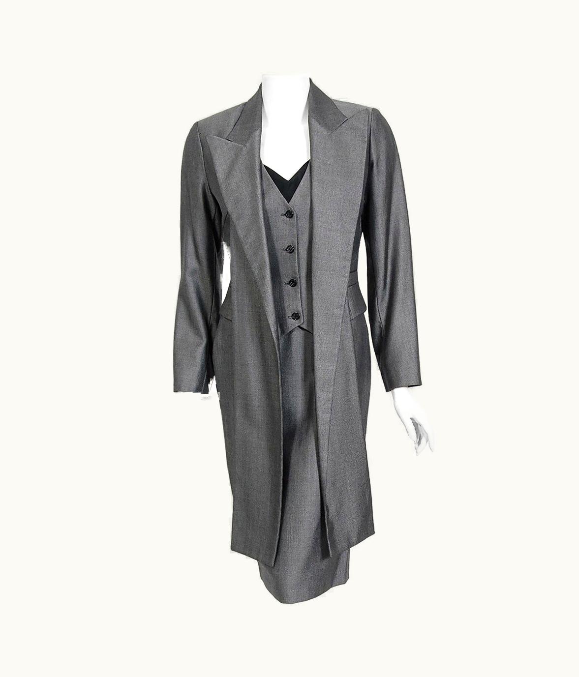 Alexander McQueen Vintage 1997 Alexander McQueen Gray Sharkskin Wool Hourglass Dress & Suit Jacket