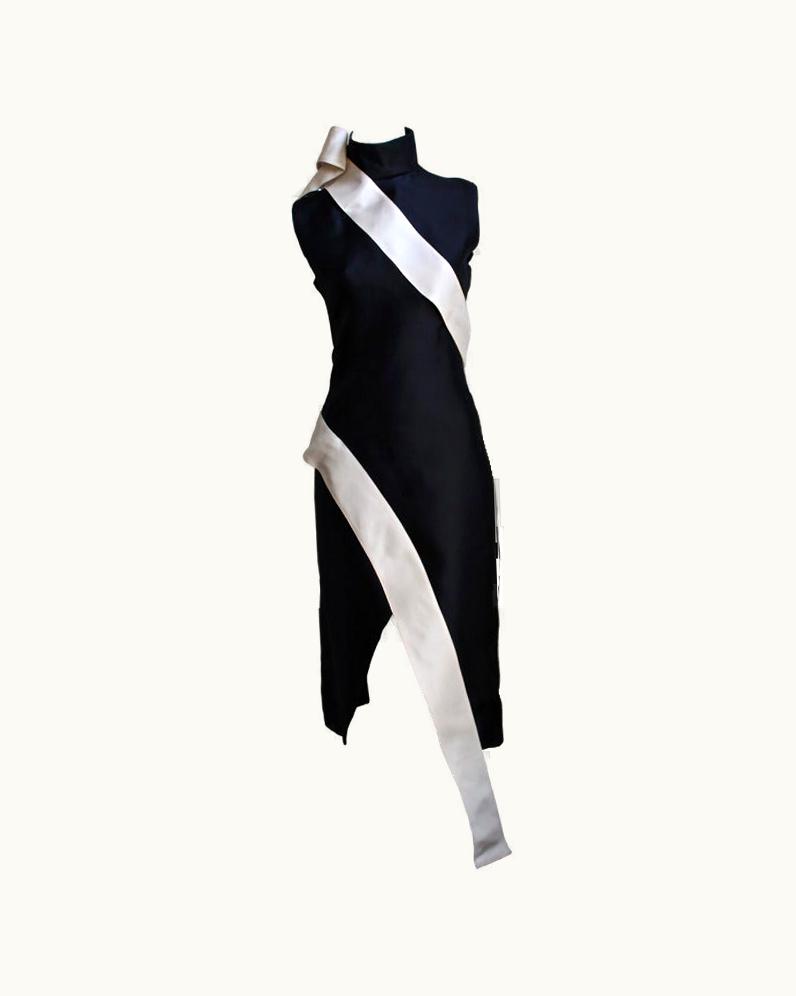Alexander McQueen 2001 Alexander Mcqueen Black Silk Gazar Dress With Cream Sash