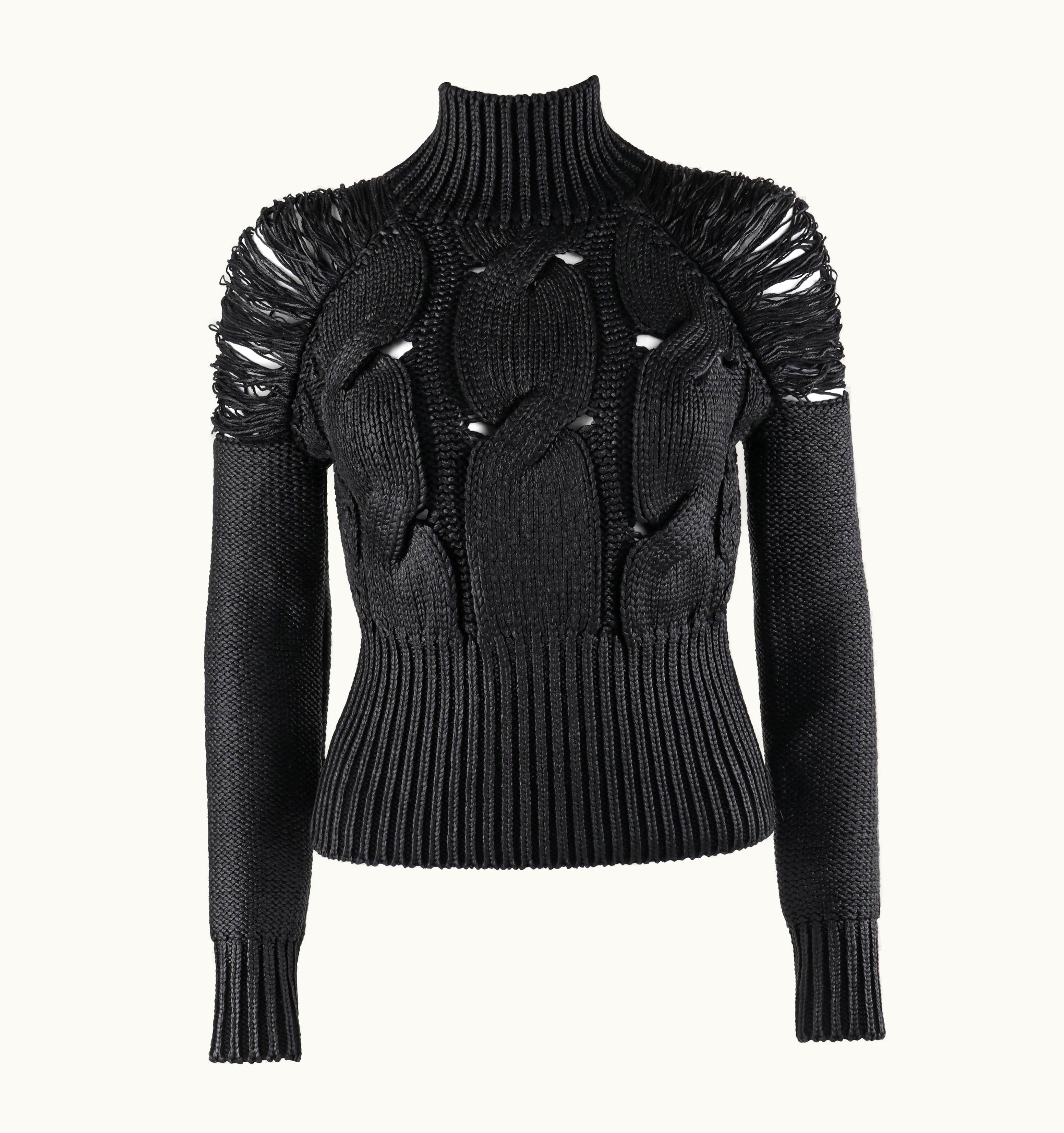 Alexander McQueen Alexander McQUEEN C.2001 Black Metallic Glazed Distressed Turtleneck Sweater