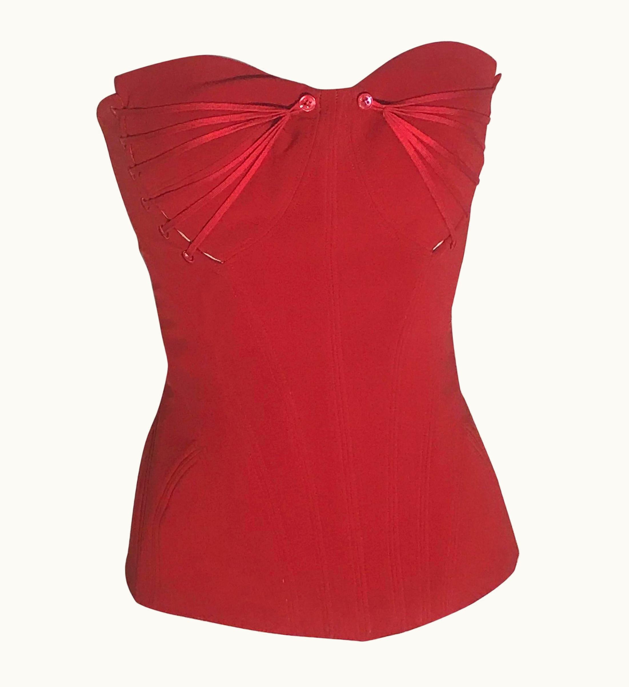 Alexander McQueen Alexander McQueen 2002 Runway Red Elastic Detail Corset Top
