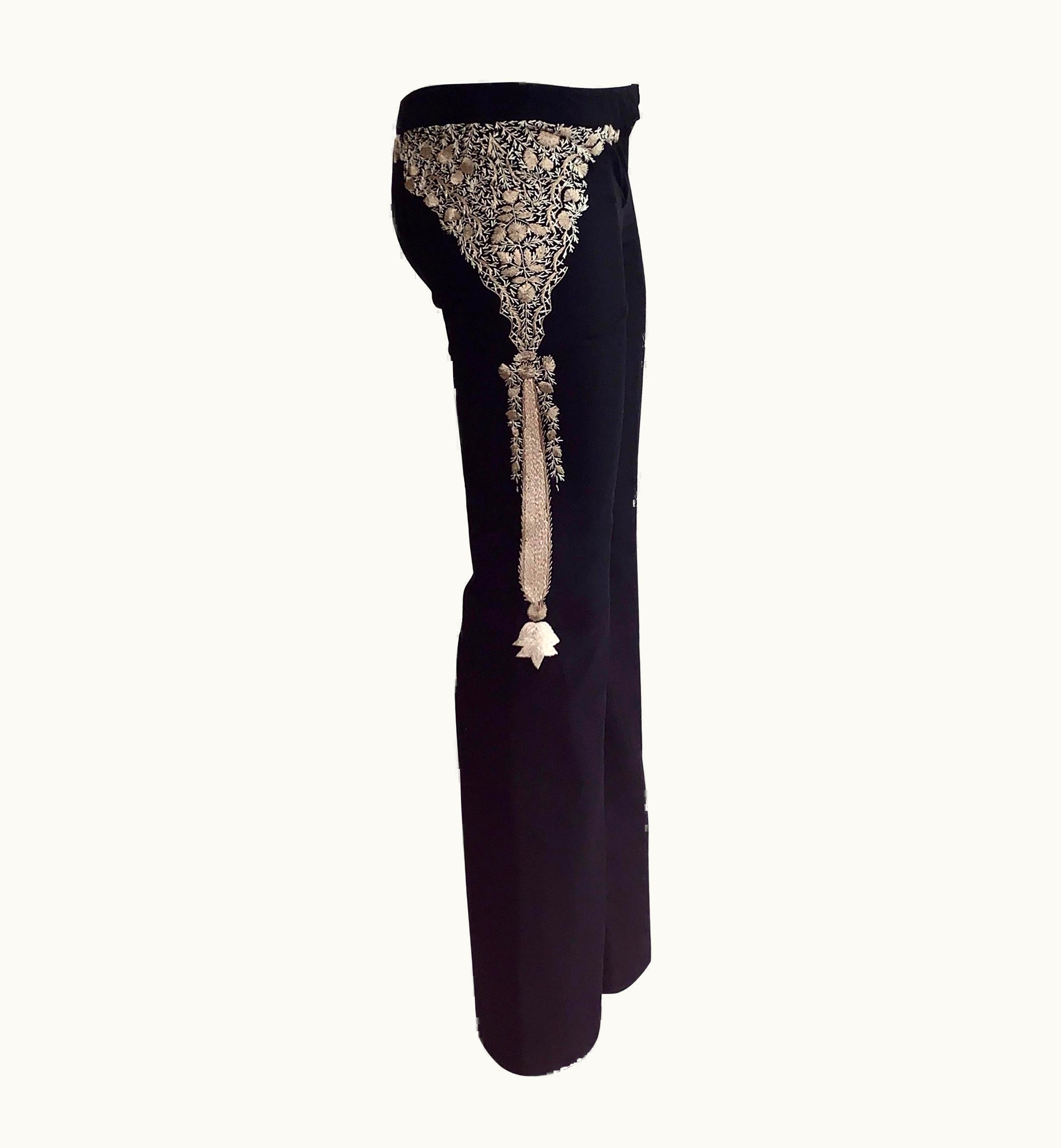 Alexander McQueen Alexander McQueen 2002 Black And Tan Embroidered Silk Pants Trousers