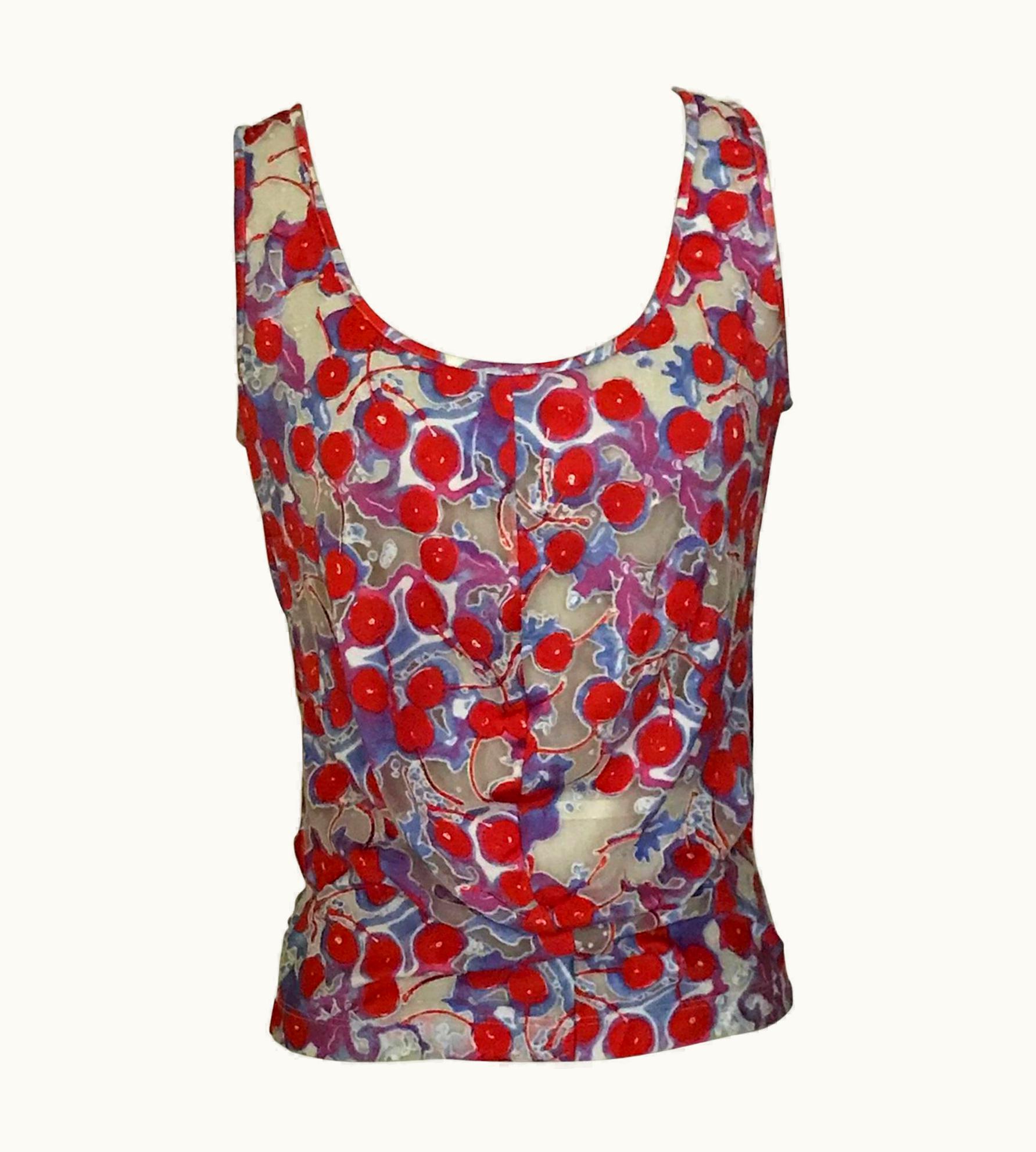 Alexander McQueen Alexander McQueen 2003 Semi-Sheer Cherry Print Red White Blue Purple Tank Top
