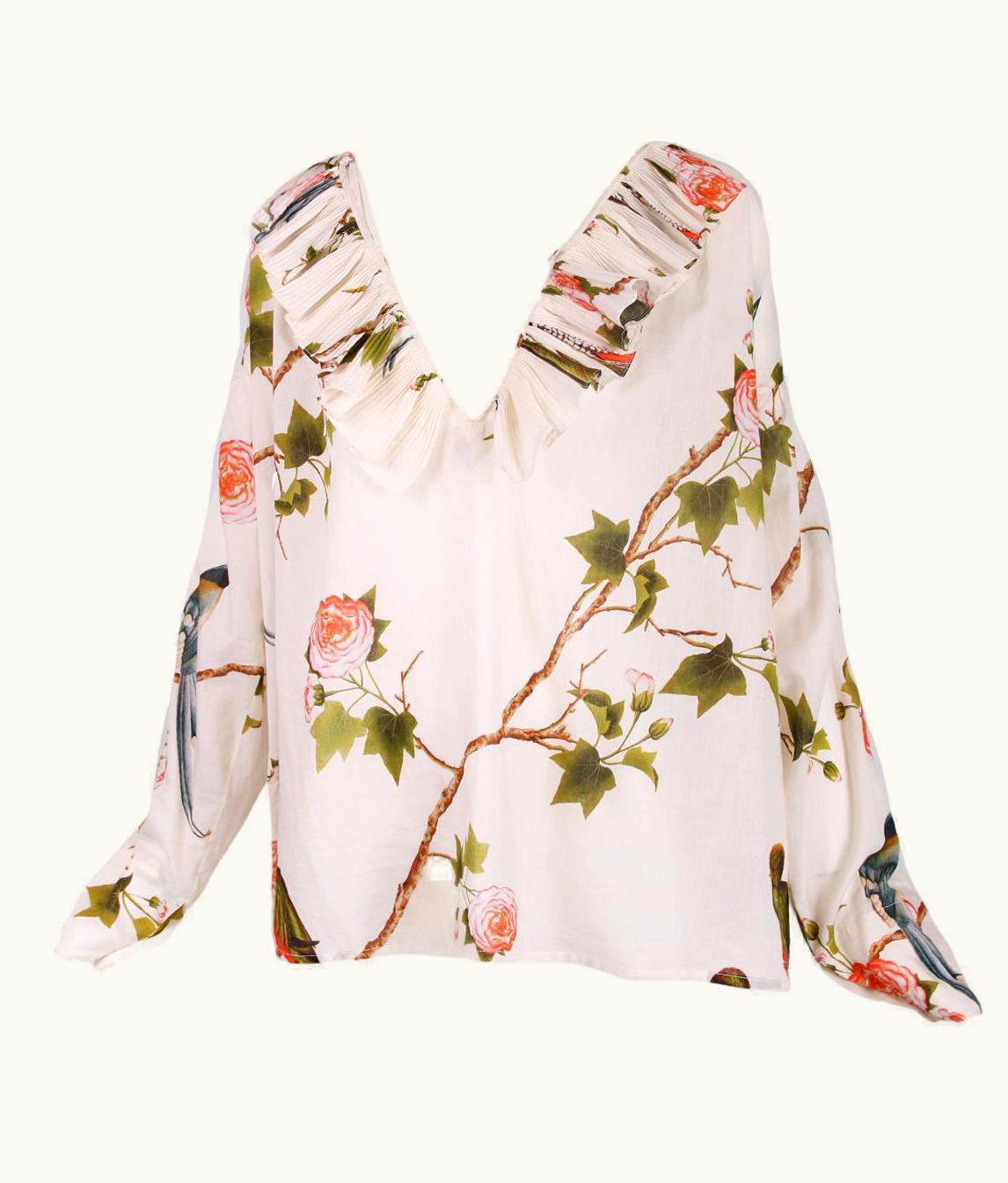 Alexander McQueen Alexander McQueen White Floral & Bird Print Poet Blouse 2003