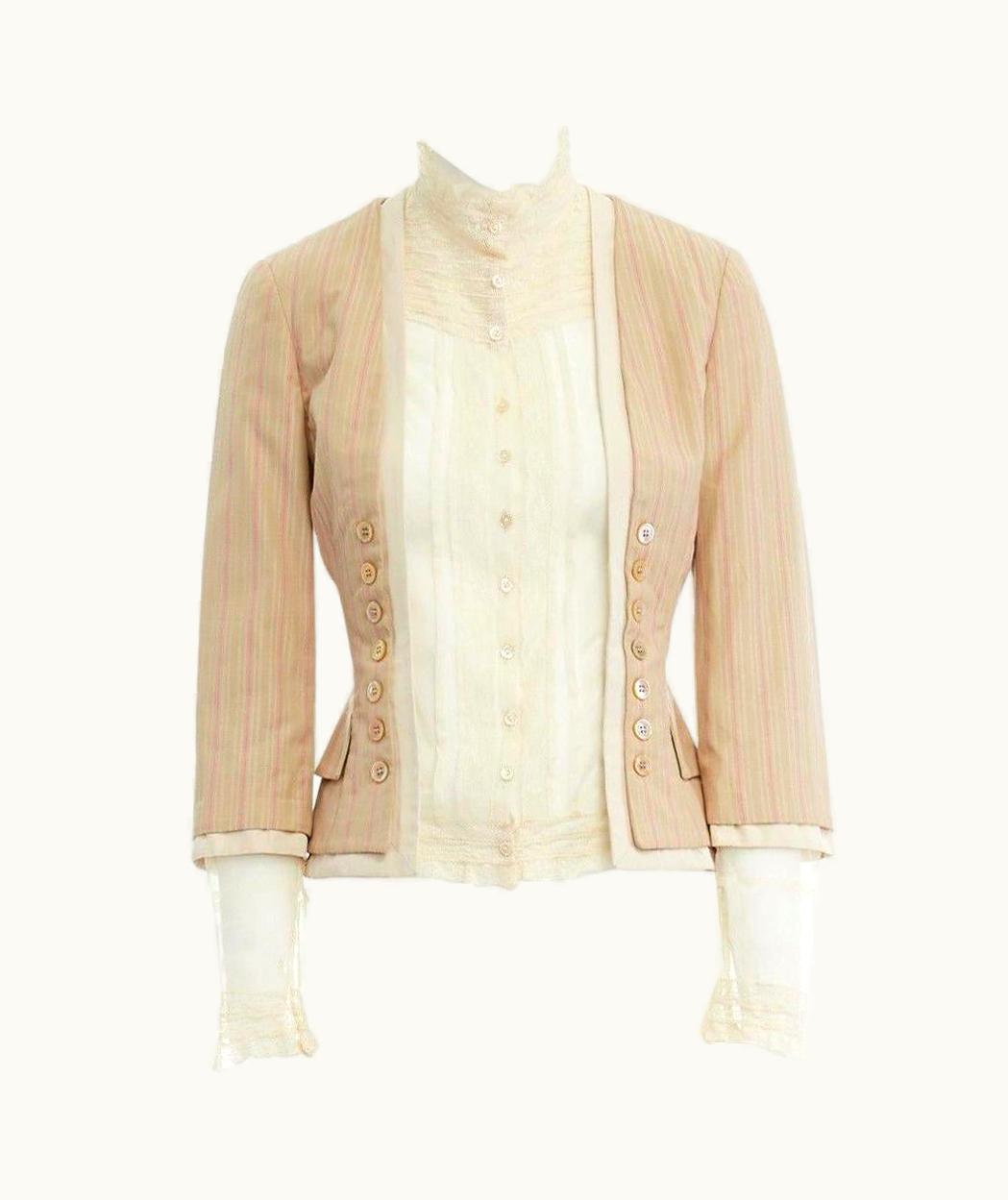 Alexander McQueen Alexander Mcqueen 2004 Beige Pink Stripe Cotton Lace Trimmed Jacket