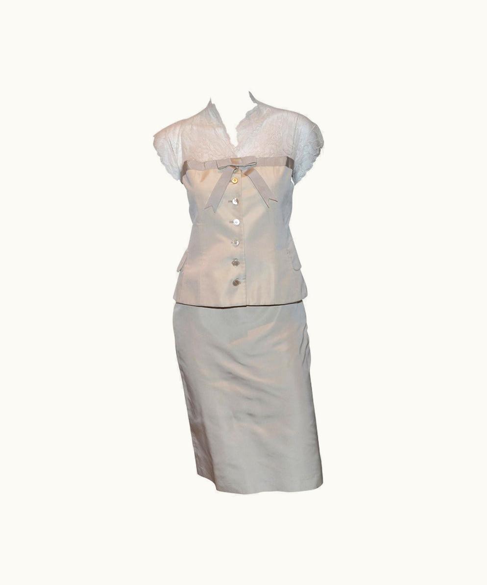 Alexander McQueen Alexander McQueen 2004 Ivory Silk Lace Top And Skirt Suit