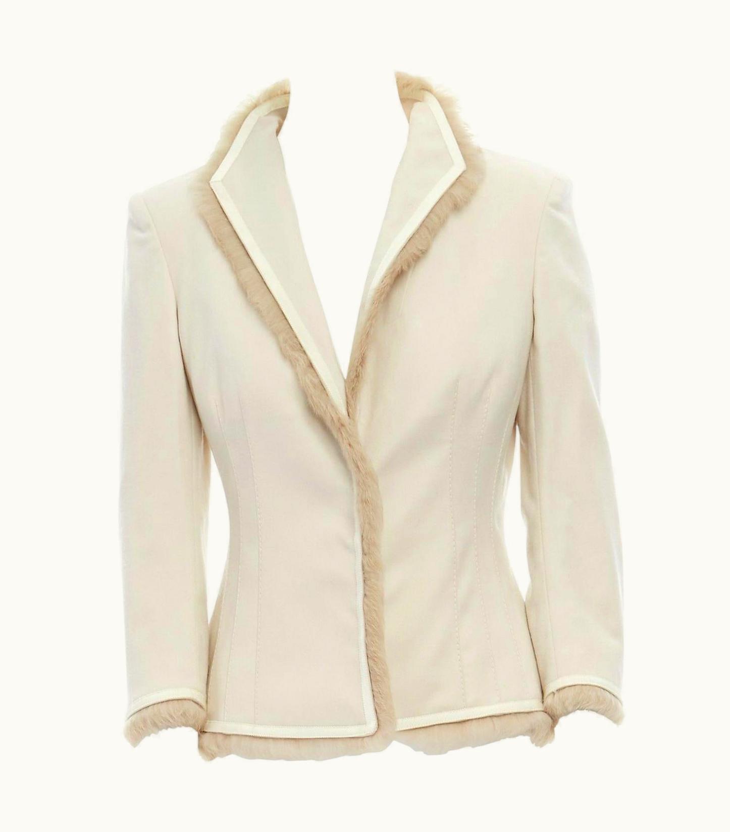 Alexander McQueen Alexander Mcqueen 2005 Cream Fleece Wool Rabbit Fur Trimmed Fitted Blazer