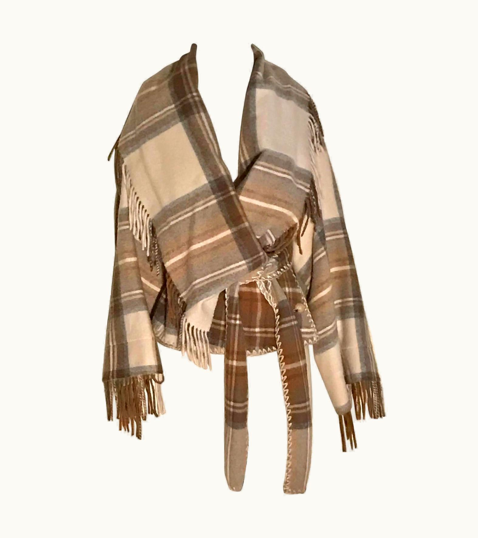 Alexander McQueen Alexander McQueen 2005 Runway Plaid Fringe Wool Wrap Jacket Coat