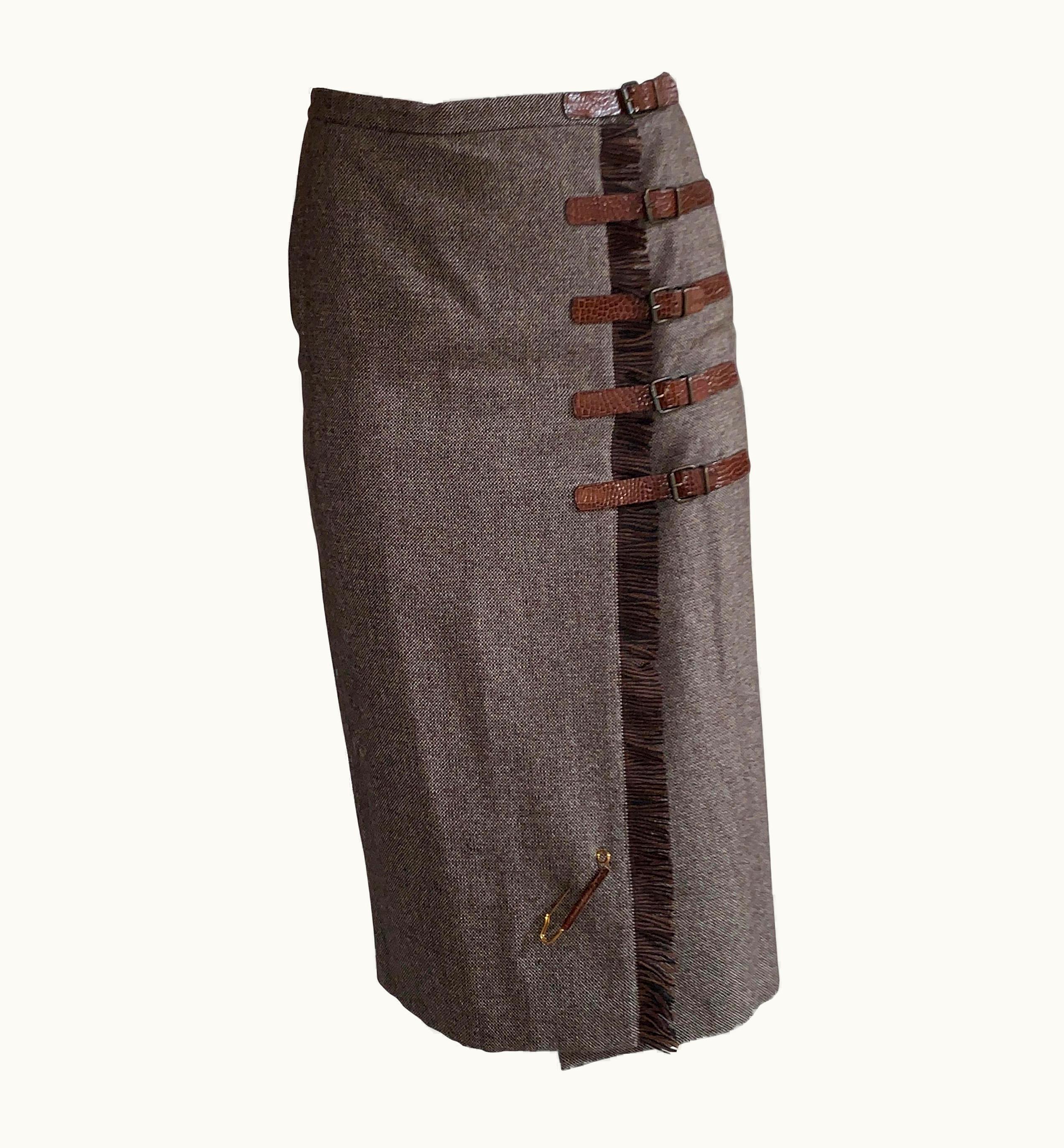 Alexander McQueen Alexander McQueen 2005 Brown Wool Tweed Buckle And Safety Pin Midi Skirt