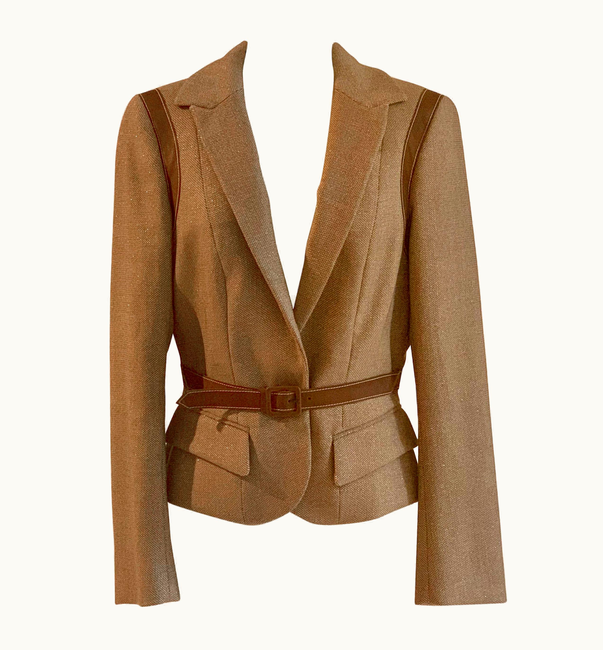 Alexander McQueen Alexander McQueen 2007 Tan Leather Trim Metallic Accent Tweed Blazer Jacket