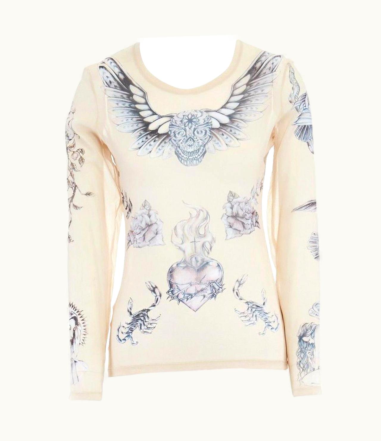 Alexander McQueen Alexander Mcqueen 2008 Sheer Nude Skull Tattoo Printed Silk Top