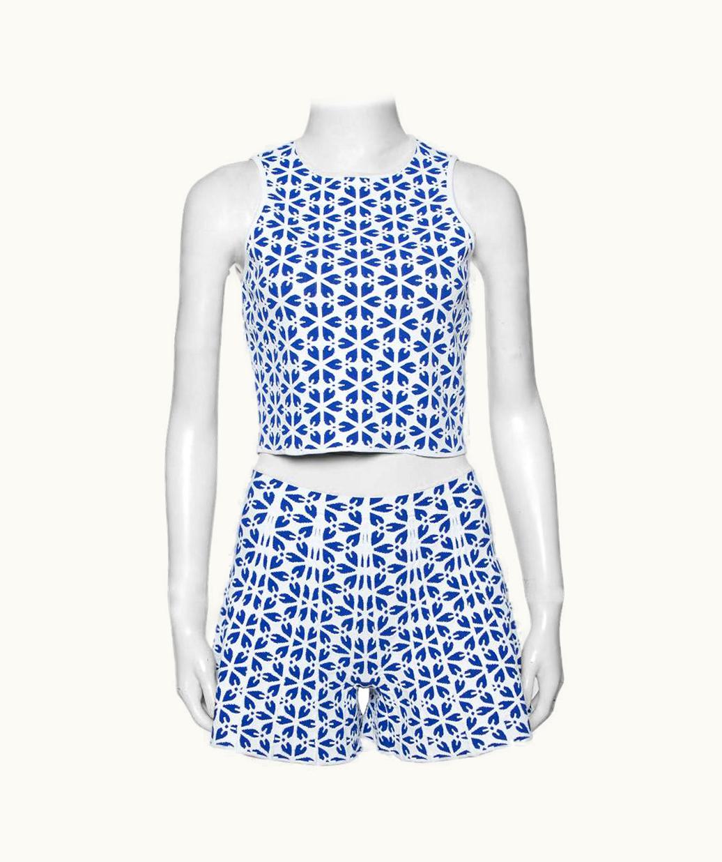 Alexander McQueen Alexander McQueen White & Navy Blue Floral Jacquard Crop Top And Short Set