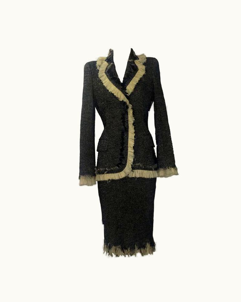 Alexander McQueen Alexander McQueen 2010 Herringbone Tweed Distressed Ruffle Skirt Jacket Suit