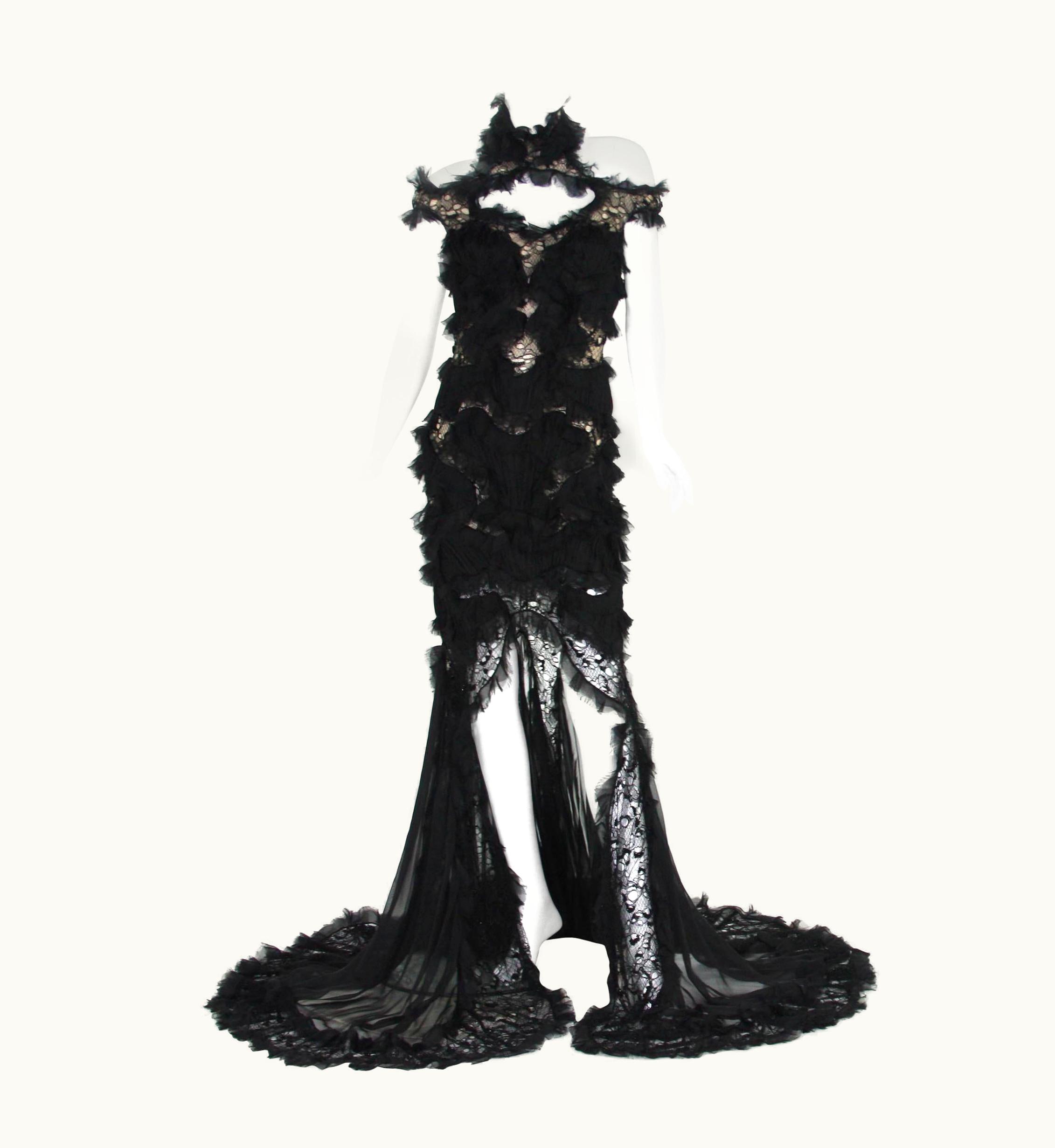 Alexander McQueen Alexander McQueen S/S 2012 Runway Lace Beaded Silk-Chiffon Black Gown