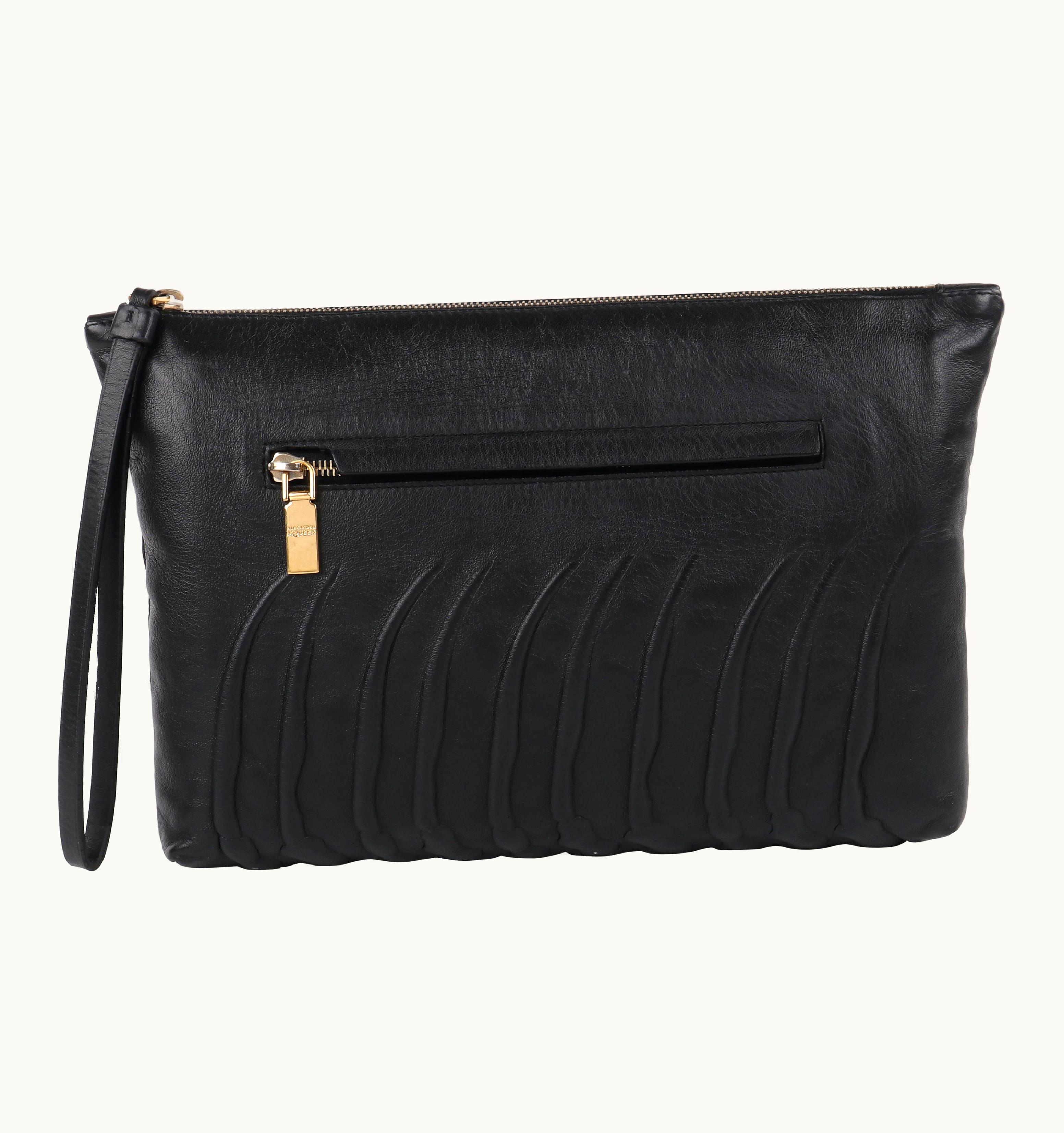Alexander McQueen Alexander McQUEEN C.2012 Black Leather Spine Bones Embossed Oversized Clutch Bag