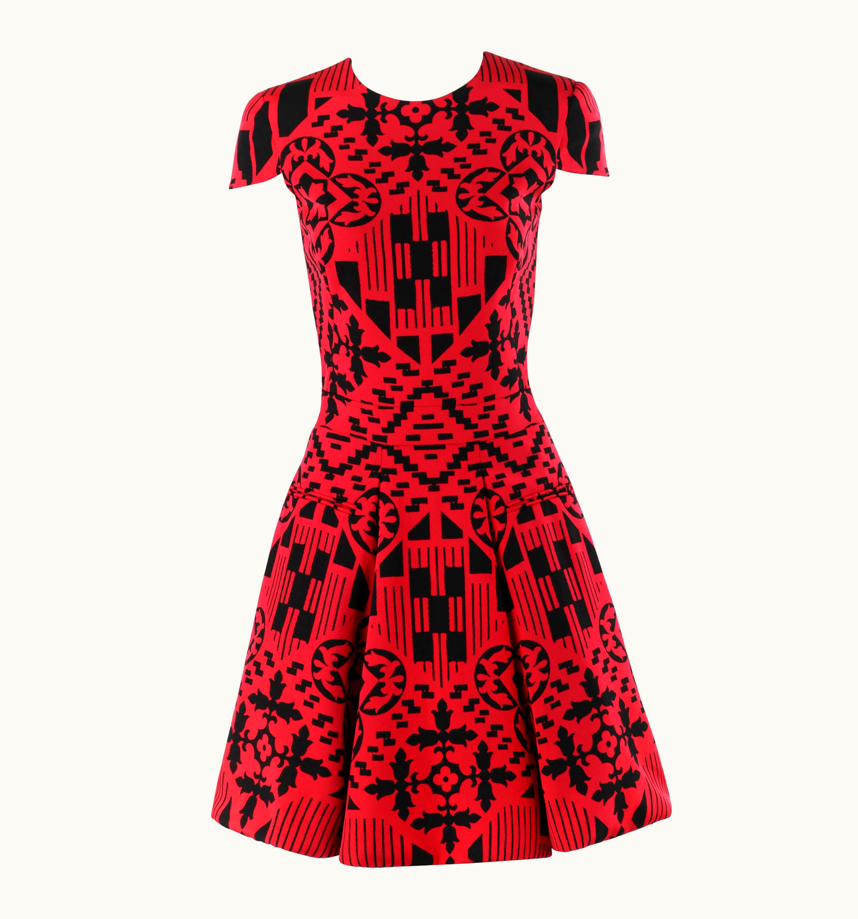 Alexander McQUEEN S/S 2014 Red Black Mosaic Shape Print Fit N Flare Skater Dress