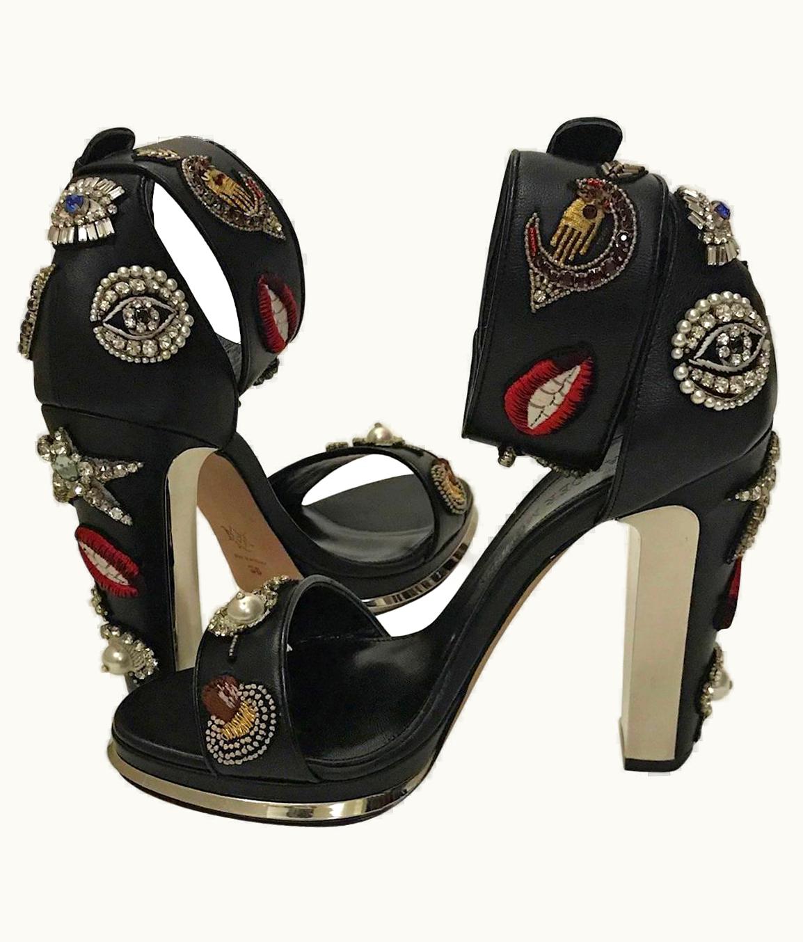 Alexander McQueen Alexander McQueen Crystal Obsession Embroidered Mirrored Black Leather Sandal